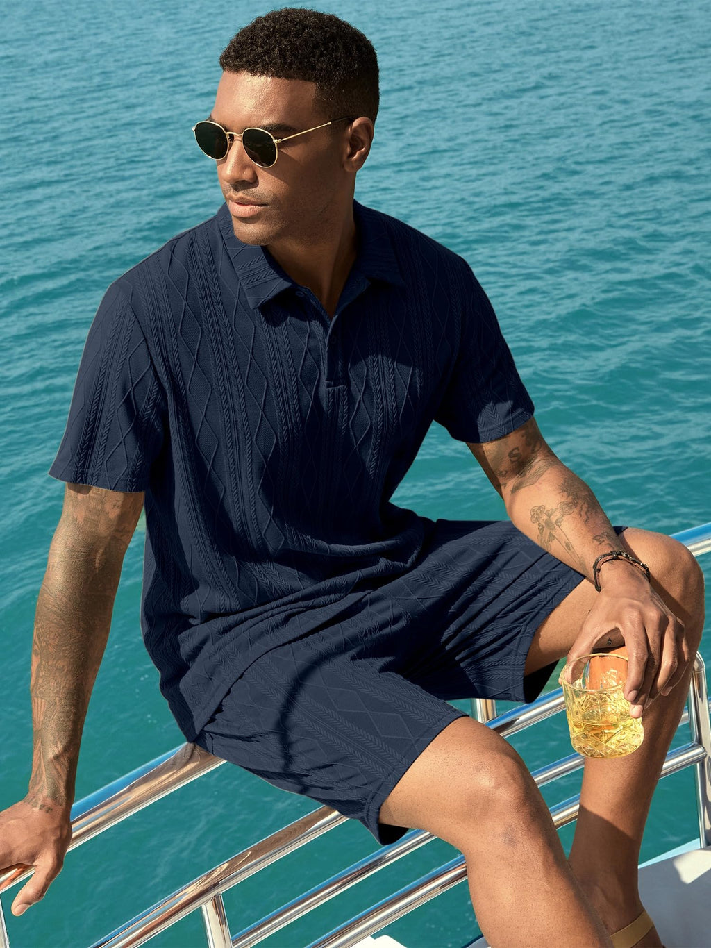 JMIERR Mens 2026 Casual 2 Piece Outfits Lounge Sets Jacquard Knit Short Sets Golf Short Sleeve Outfits for Beach Vacation