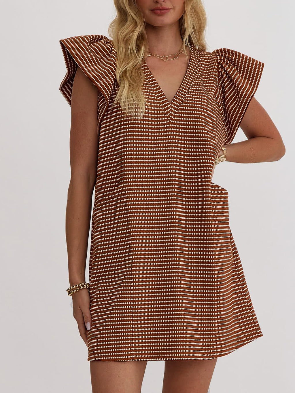 Mieazom Striped V-Neck Mini Dress for Women Puff Sleeve Casual Dress with Pockets, Comfortable & Stylish for Summer Brown-White Stripes XL