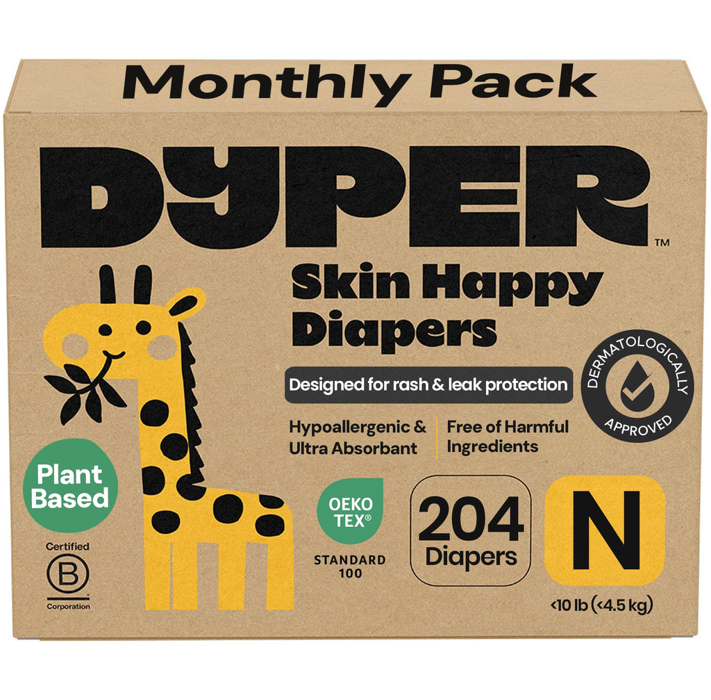 DYPER Monthly Pack Newborn Baby Diaper <10 lbs 204 Count - Leak-Proof & Plant Based, Hypoallergenic and Ultra Absorbent Newborn Diapers for Day and Overnight Skin Protection (Packaging May Vary)
