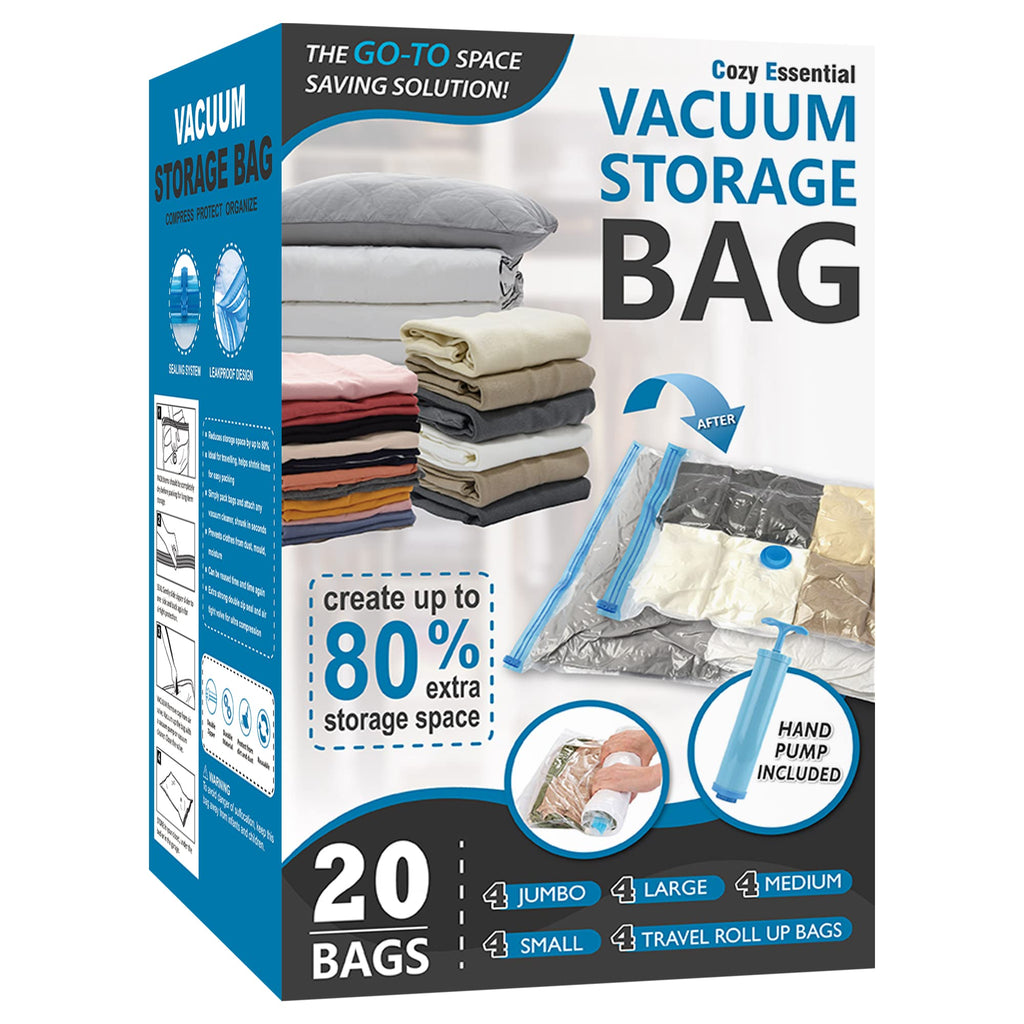 Cozy Essential 20 Pack Vacuum Storage Bags, Space Saver Bags (4 Jumbo/4 Large/4 Medium/4 Small/4 Roll) Compression for Comforters and Blankets, Pillow, Bedding, Sealer Clothes Storage