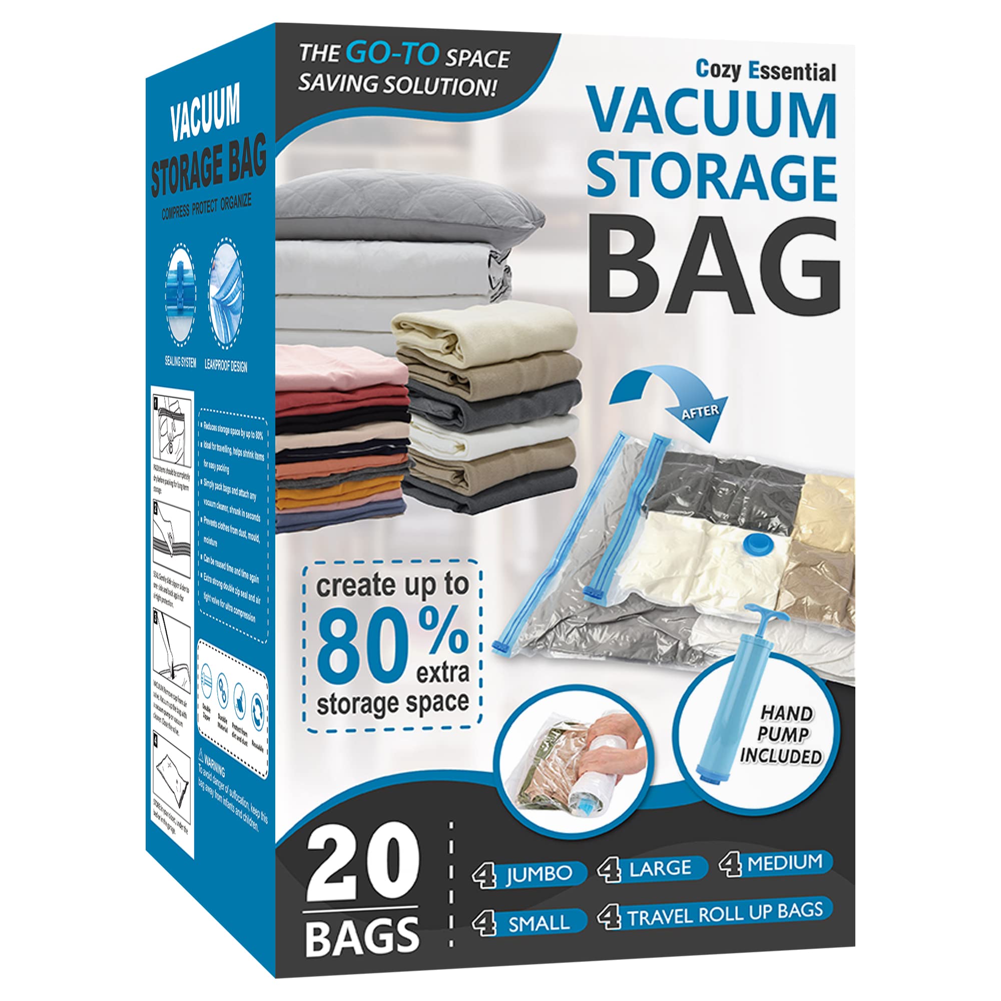 Cozy Essential 20 Pack Vacuum Storage Bags, Space Saver Bags (4 Jumbo/4 Large/4 Medium/4 Small/4 Roll) Compression for Comforters and Blankets, Pillow, Bedding, Sealer Clothes Storage