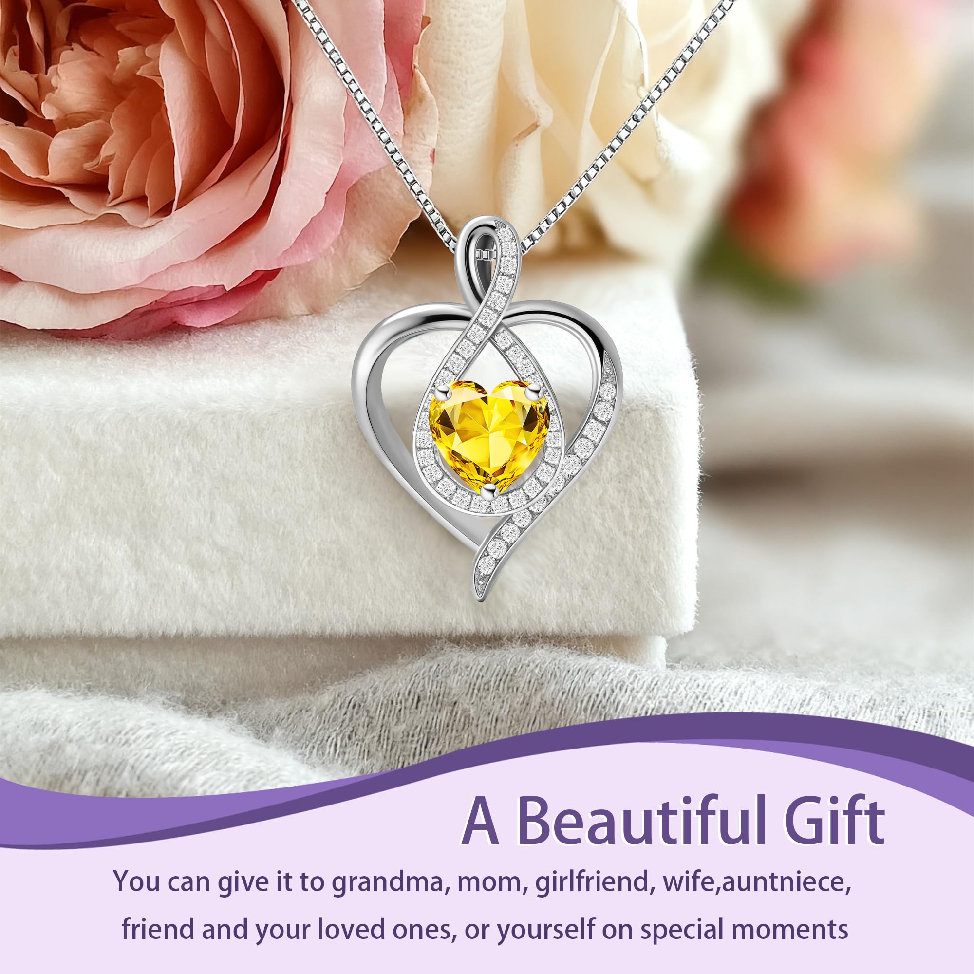 AXRGBF 925 Sterling Elegant Heart Pendant Silver Infinity Birthstone Necklace for Women-Ideal Gift for Wedding Mothers Day Anniversary Valentine's Day/Birthday Girlfriend Mom Wife (Silver-11-Nov)