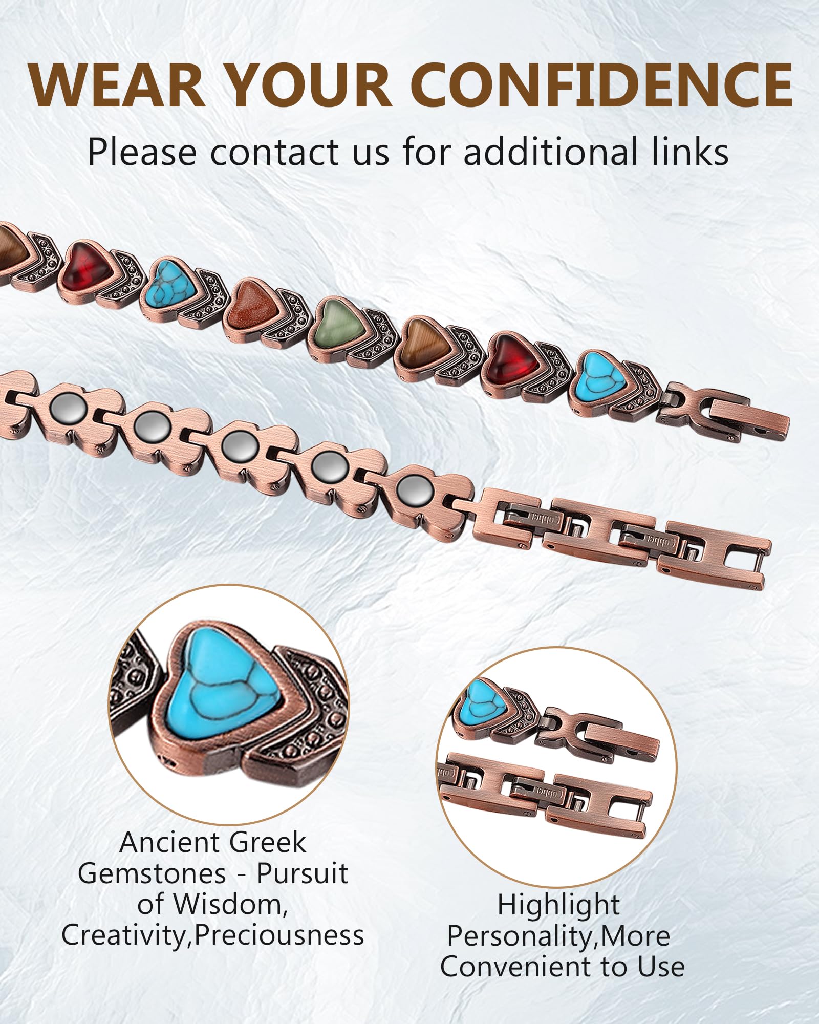 Feraco Copper Bracelet for Women-Pure Copper Magnetic Therapy Bracelets,Heart-shaped Natural Turquoise Gem Magnetic Bracelets,Upgraded Version-3800 Gauss Effective Magnet-Bangle Gifts for Women