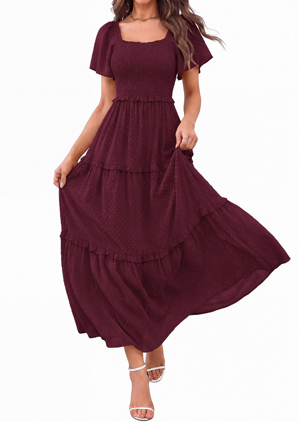 PRETTYGARDEN Summer Dresses for Women 2026 Boho Maxi Smocked Spring Wedding Guest Square Neck Short Sleeve Swiss Dot Dress (Wine Red,X-Large)