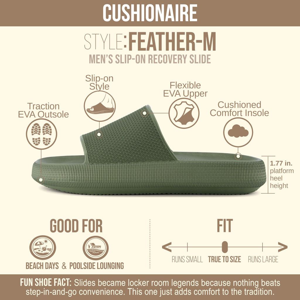 CUSHIONAIRE Feather EVA Mens Sandals – Slip On Recovery Slides, Lightweight Water Shoes for Men, GREEN 12