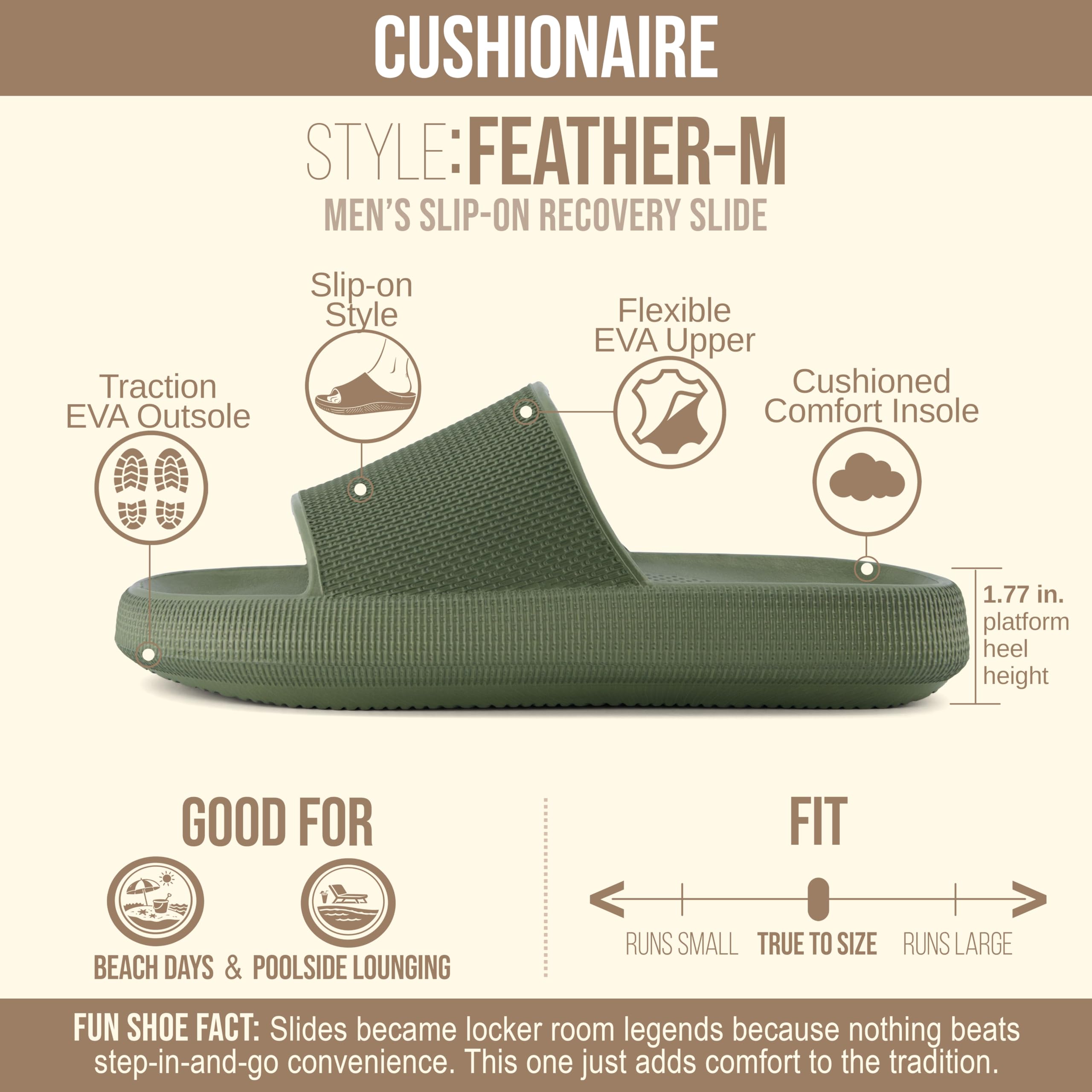 CUSHIONAIRE Feather EVA Mens Sandals – Slip On Recovery Slides, Lightweight Water Shoes for Men, GREEN 12