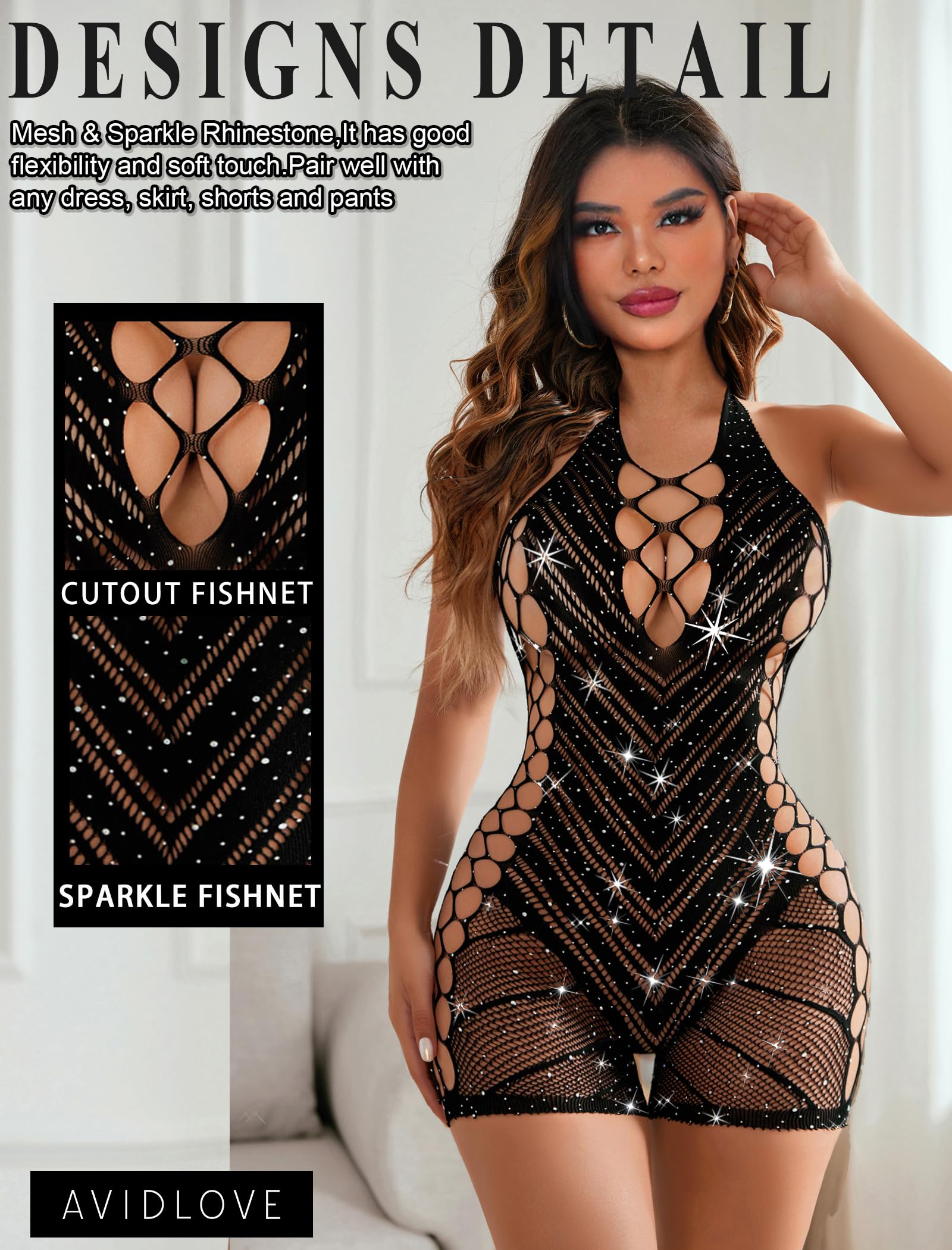 Avidlove Fishnet Lingerie Woman's Body Suit Halter Black Cut Out Romper