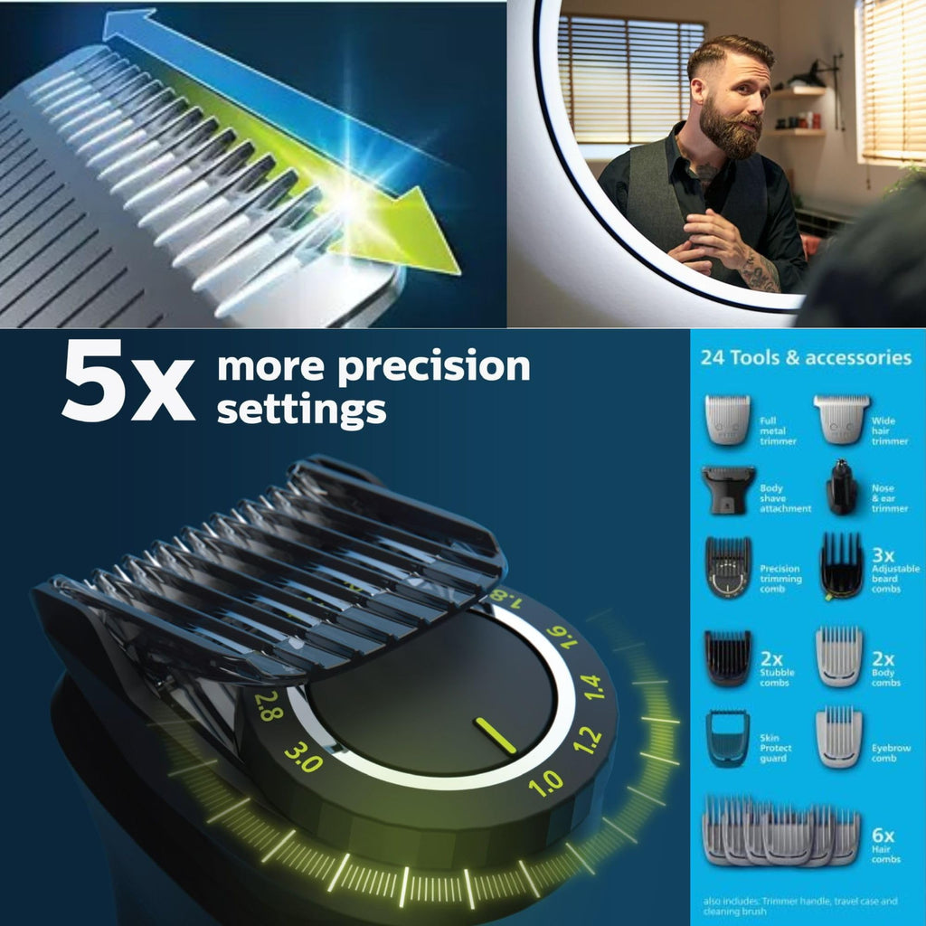 Philips Multigroom Series 9000 24-in-1 Trimmer Beard, Hair & Body Grooming Kit | Precision Trimming Comb, Self-Sharpening Steel Blades, BeardSense Technology, Waterproof, Packaging May Vary