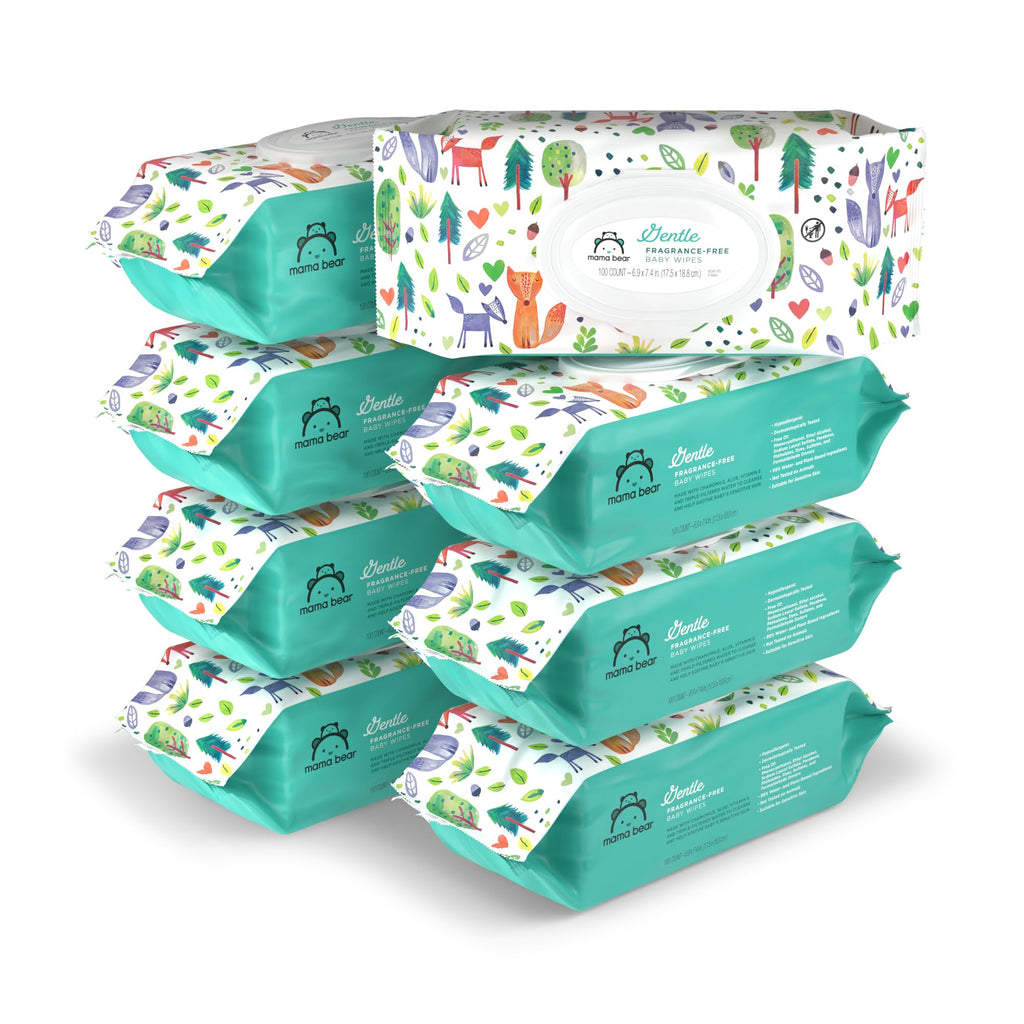 Amazon Brand - Mama Bear Gentle Formulated without Fragrance Baby Wipes, Hypoallergenic, Sensitive Skin, Unscented, 800 Count (8 Packs of 100)