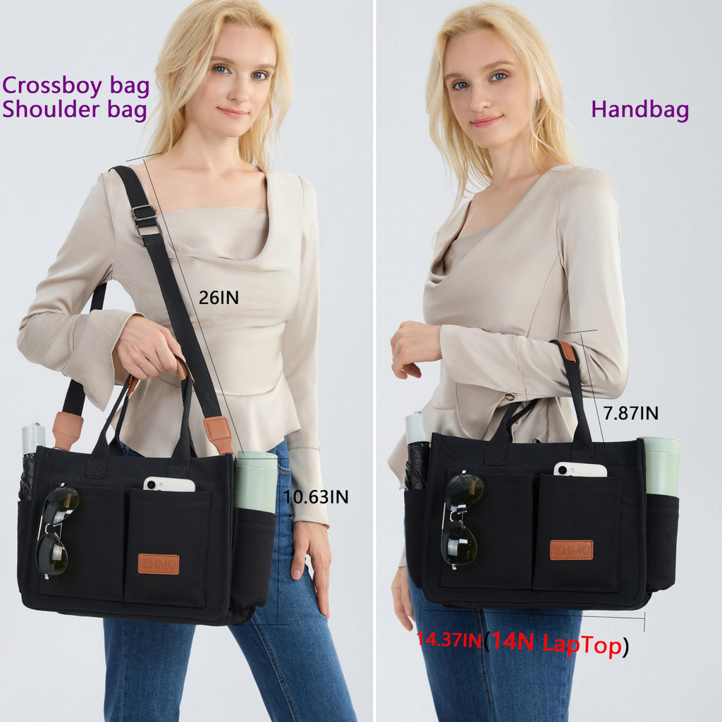 ZHMO Canvas Tote Bag for Women With Compartments and Zipper,Black Women's Bags Crossbody Bags Work Laptop Tote Bag Large Satchels Handbag Tote Purse Everyday Shoulder Bag for Travel Nurse Teacher Gift