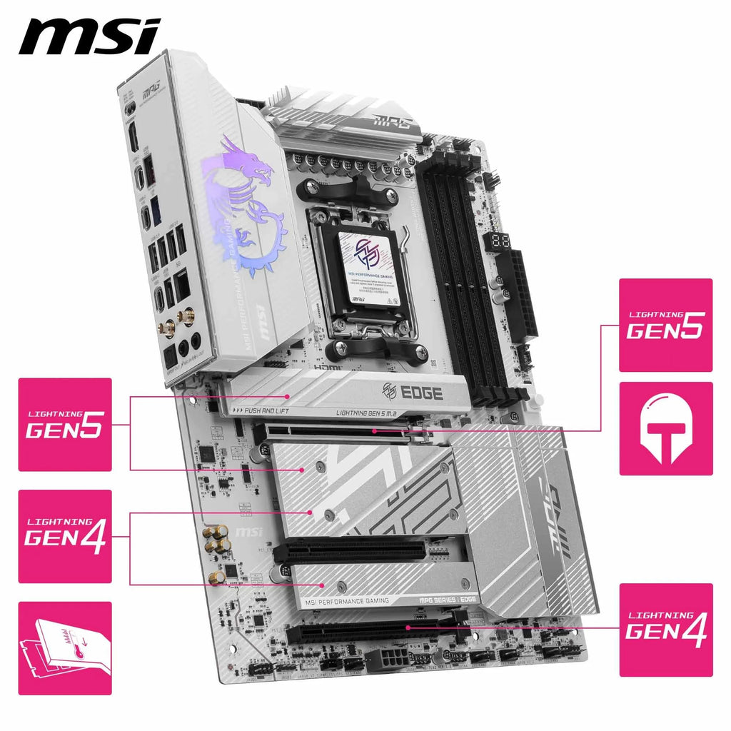 MSI MPG B850 Edge TI WiFi Motherboard, ATX - Supports AMD Ryzen 9000/8000 / 7000 Processors, AM5-80A SPS VRM, DDR5 Memory Boost (8400+MT/s OC), PCIe 5.0 x16, M.2 Gen5, Wi-Fi 7, 5G LAN