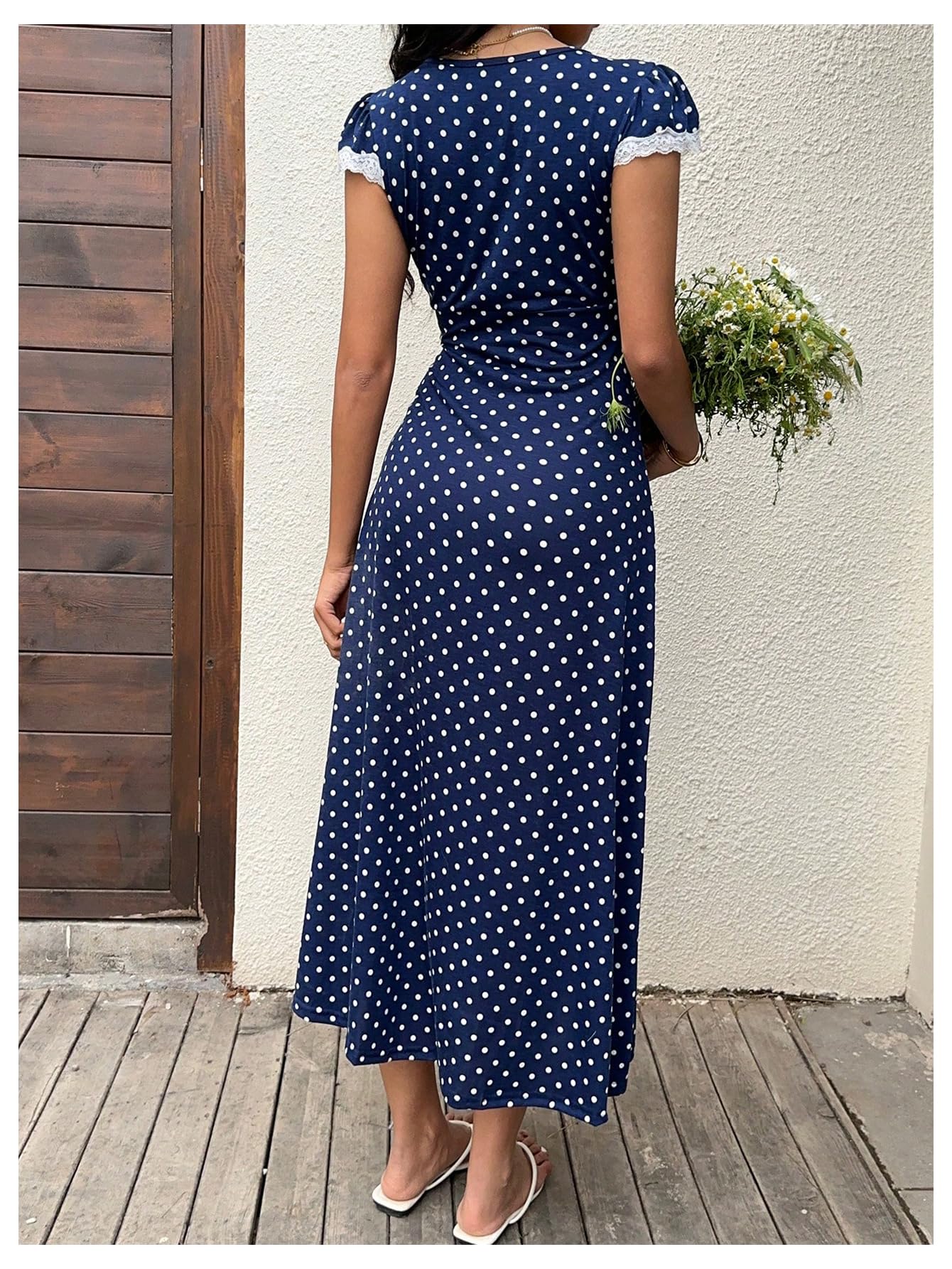 Milumia Women's Polka Dots Lace Trim Deep V Neck Dress Short Sleeve Flared Long Dresses Dark Blue XX-Small