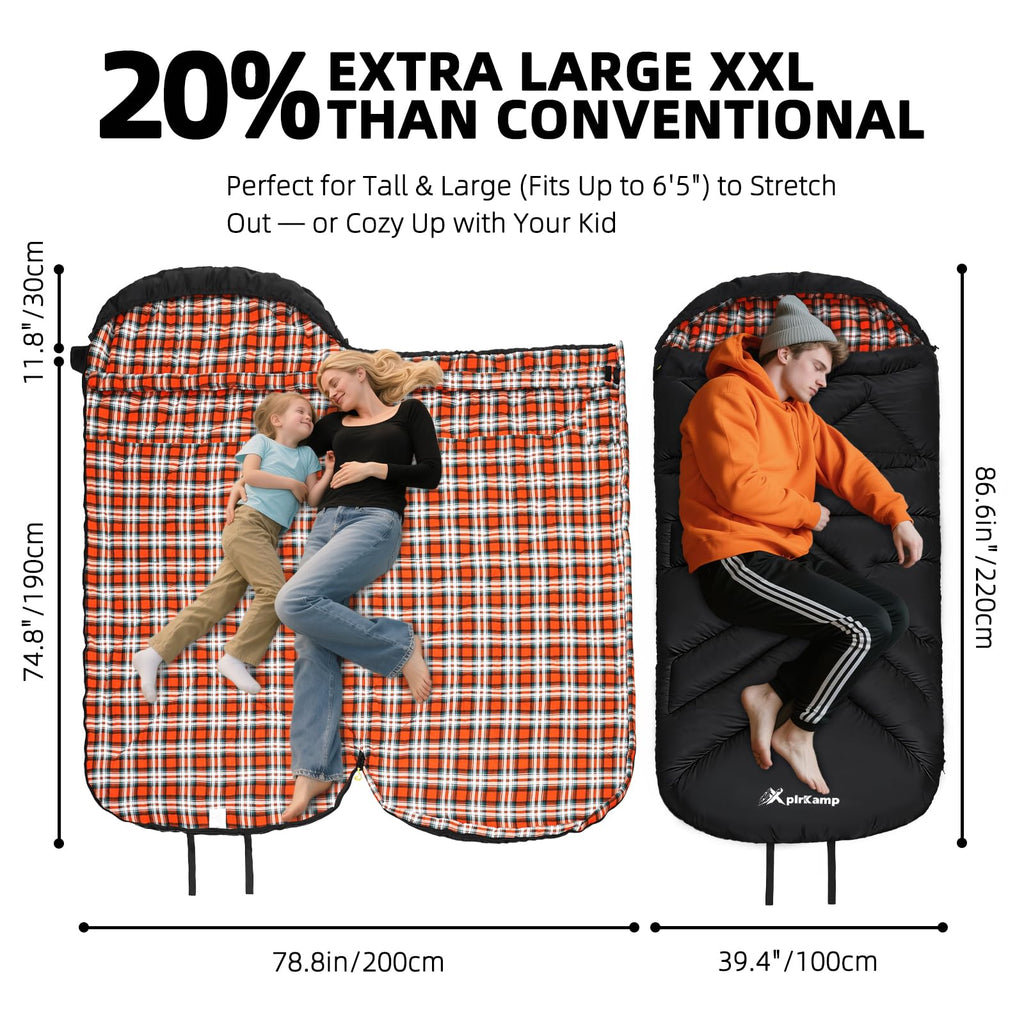 Cotton Flannel Sleeping Bag for Adults,4 Season Extra Wide Big&Tall XXL Portable Sleeping Bags for Warm Cold Weather Winter,Camping SleepingBag with Compression Sack,Hiking Backpacking,Indoor Outdoor