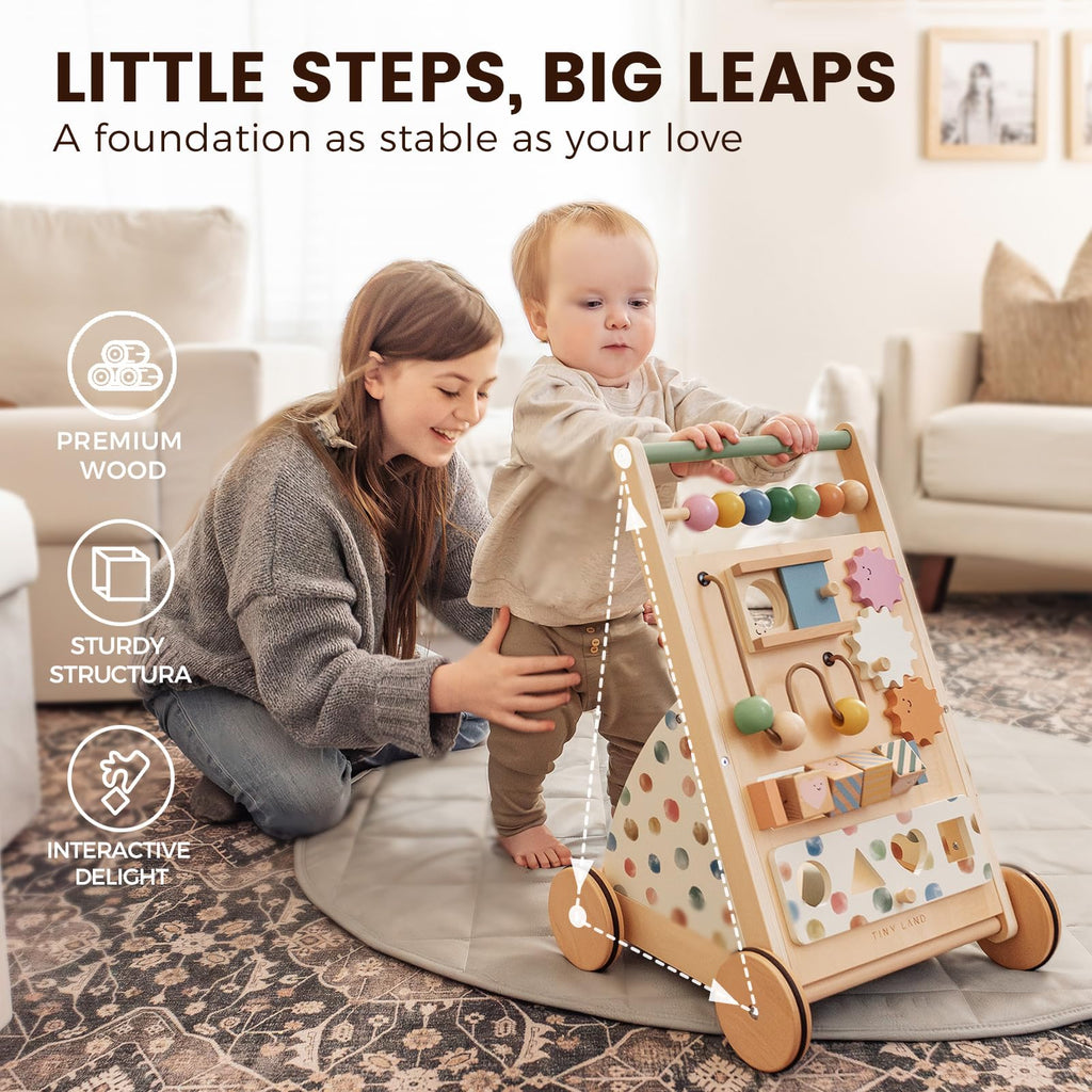 Tiny Land Wooden Baby Walker, Adjustable Speed Baby Push Walker for Boys and Girls, Montessori Activity Center Push Toy for Kids' Development, Ideal Christmas Gift for Toddlers (Morandi)