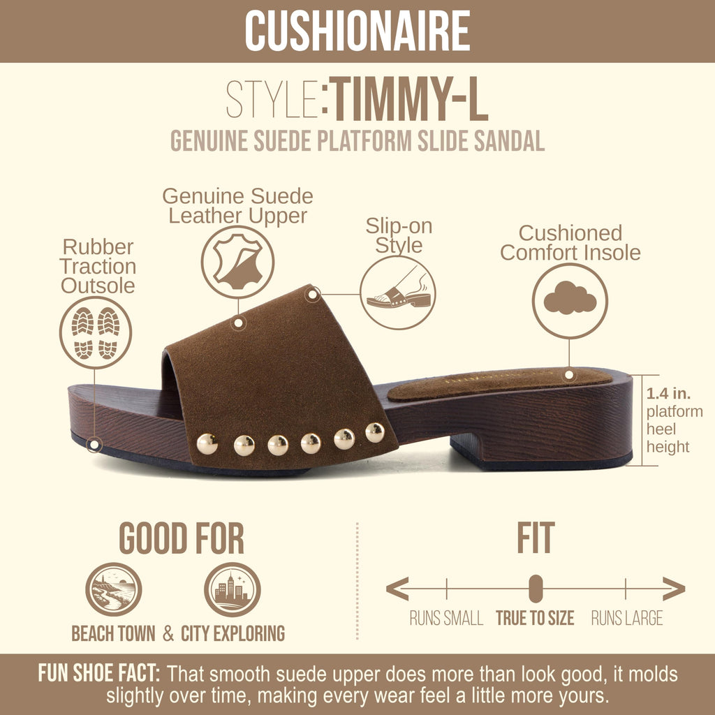 CUSHIONAIRE Timmi 100% Genuine Leather Suede Slides for Women, Slip On Low Heeled Dress Sandal with Studded Detail,BROWN 6