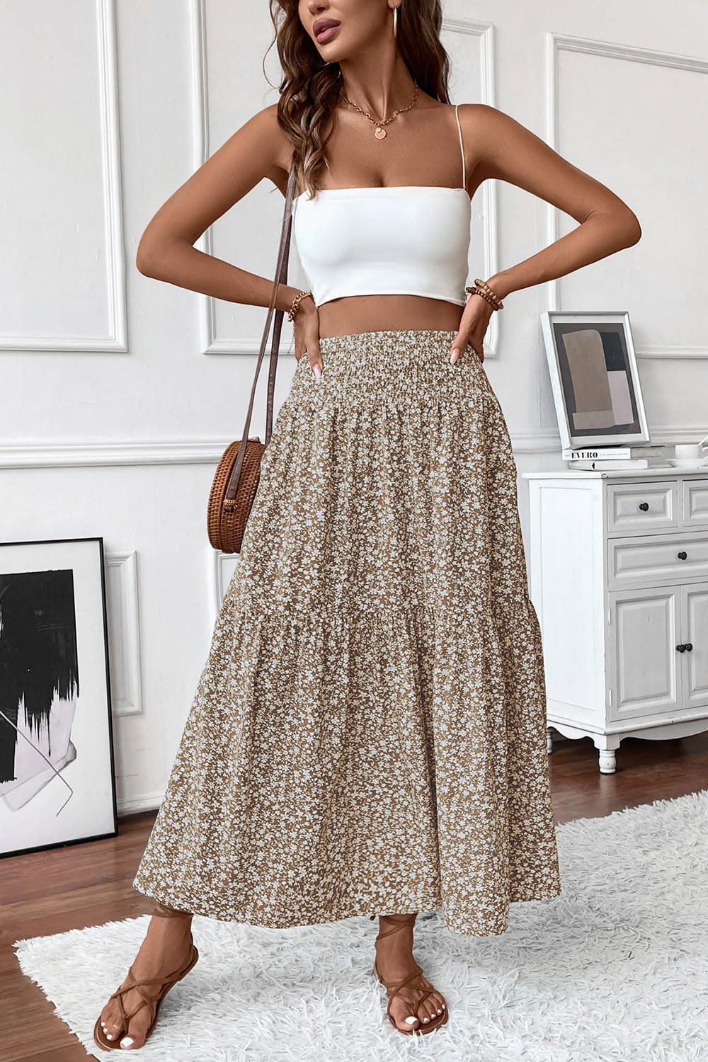 TuoGo Women's Smocked High Waist Maxi Long Skirt with Pockets (L,932-Khaki Floral)
