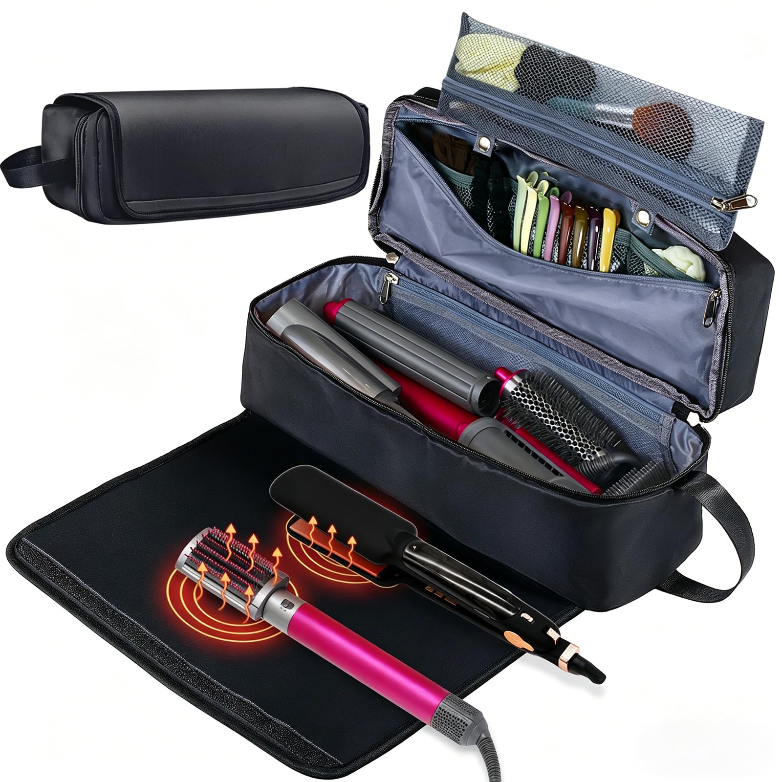 FAMOPLAY Hair Tools Travel Bag with Heat Resistant Mat Hair Styling Accessories Storage Case for Hair Dryer Flat Iron Straightener Curling Iron Haircare Accessories Travel Essentials for Women