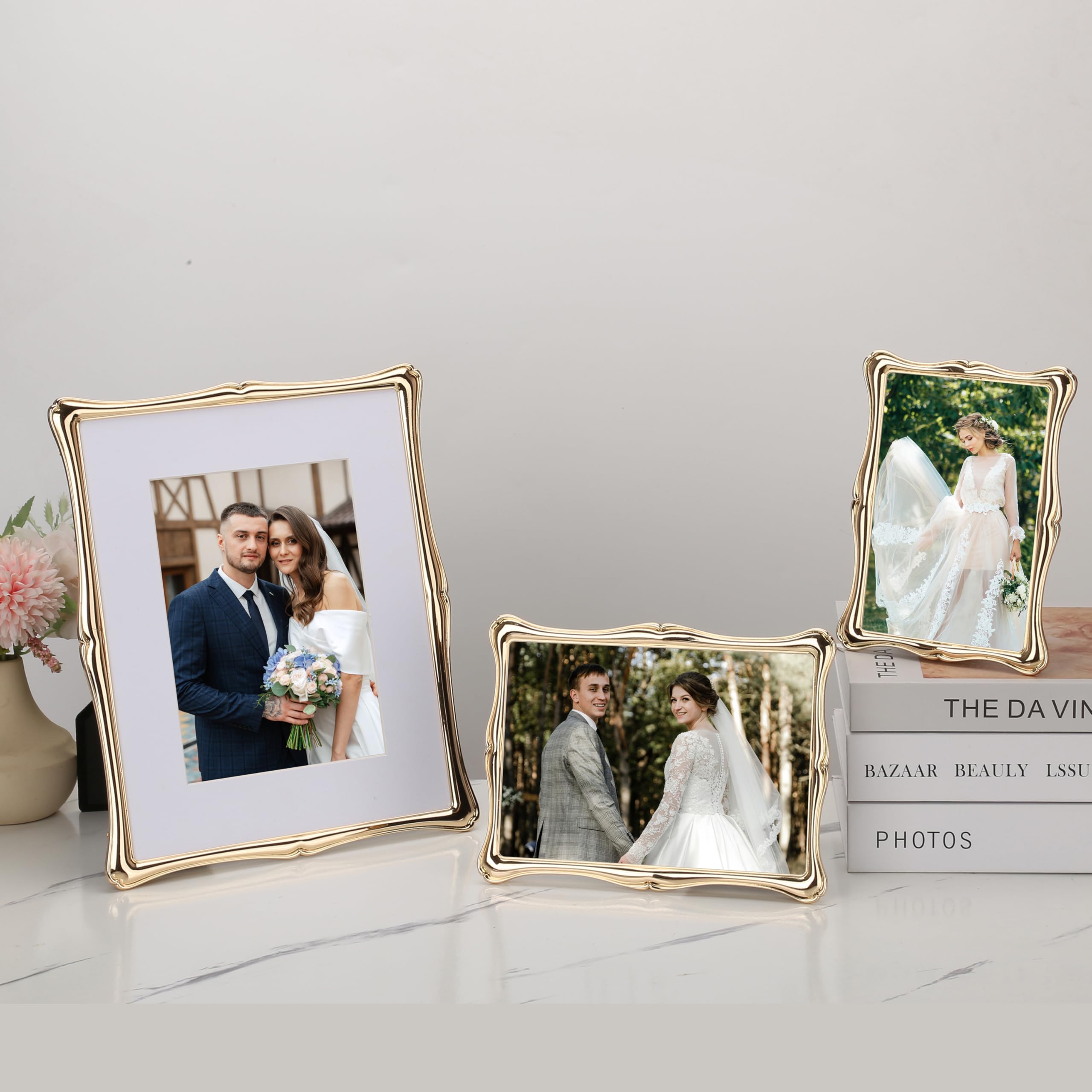GorYeeFine 8x10'' Premium Alloy Gold Picture Frame with Acid Free Mat 5x7'',Hi-End Décor Metal Frames 5x7'' with Black Velvet Backing for Desktop Display and Wall Decor