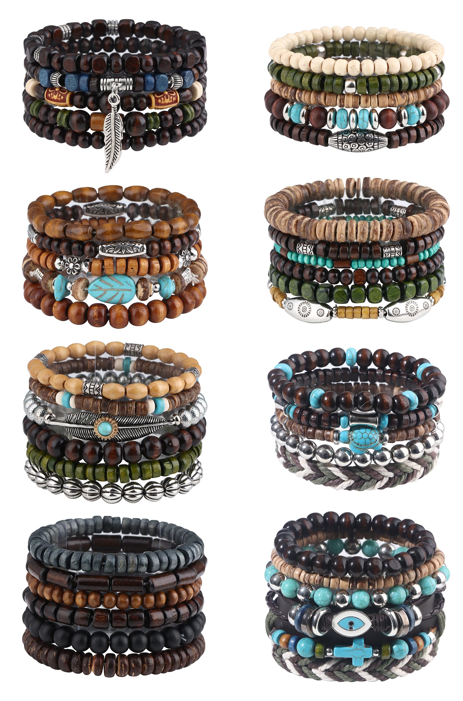 Giovanchi 44 PCS Beaded Bracelets for Mens Larger Size Women Adjustable Boho Punk Braided Wooden Bead Bracelet Bulk Wood Bangles Wristbands Meaningful Jewelry Gift