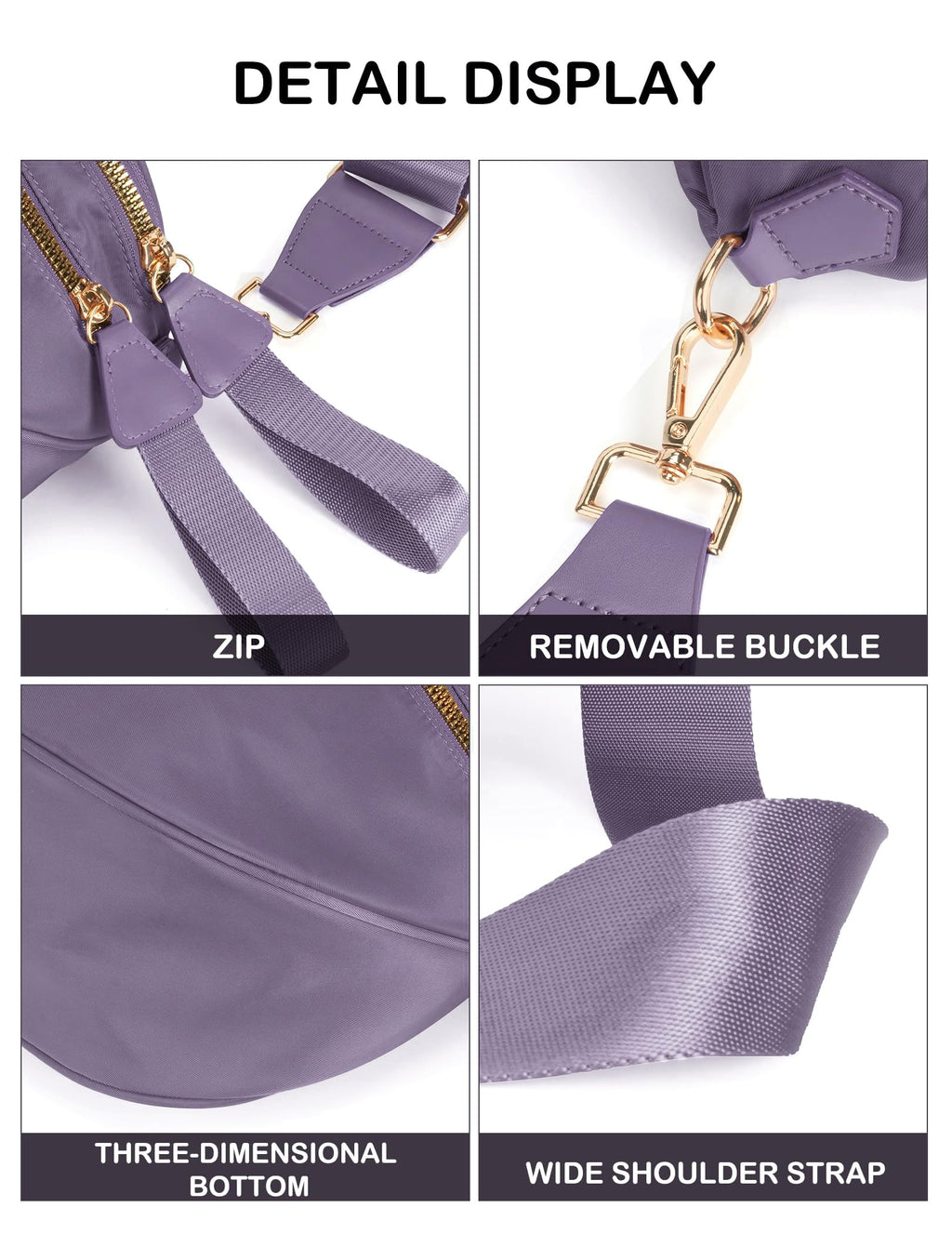 FEIBOON Spacious Nylon Crossbody Bag Bum Bag Handbags Wallets Purses Trendy Shoulder Bag for Women (Cloudy purple)