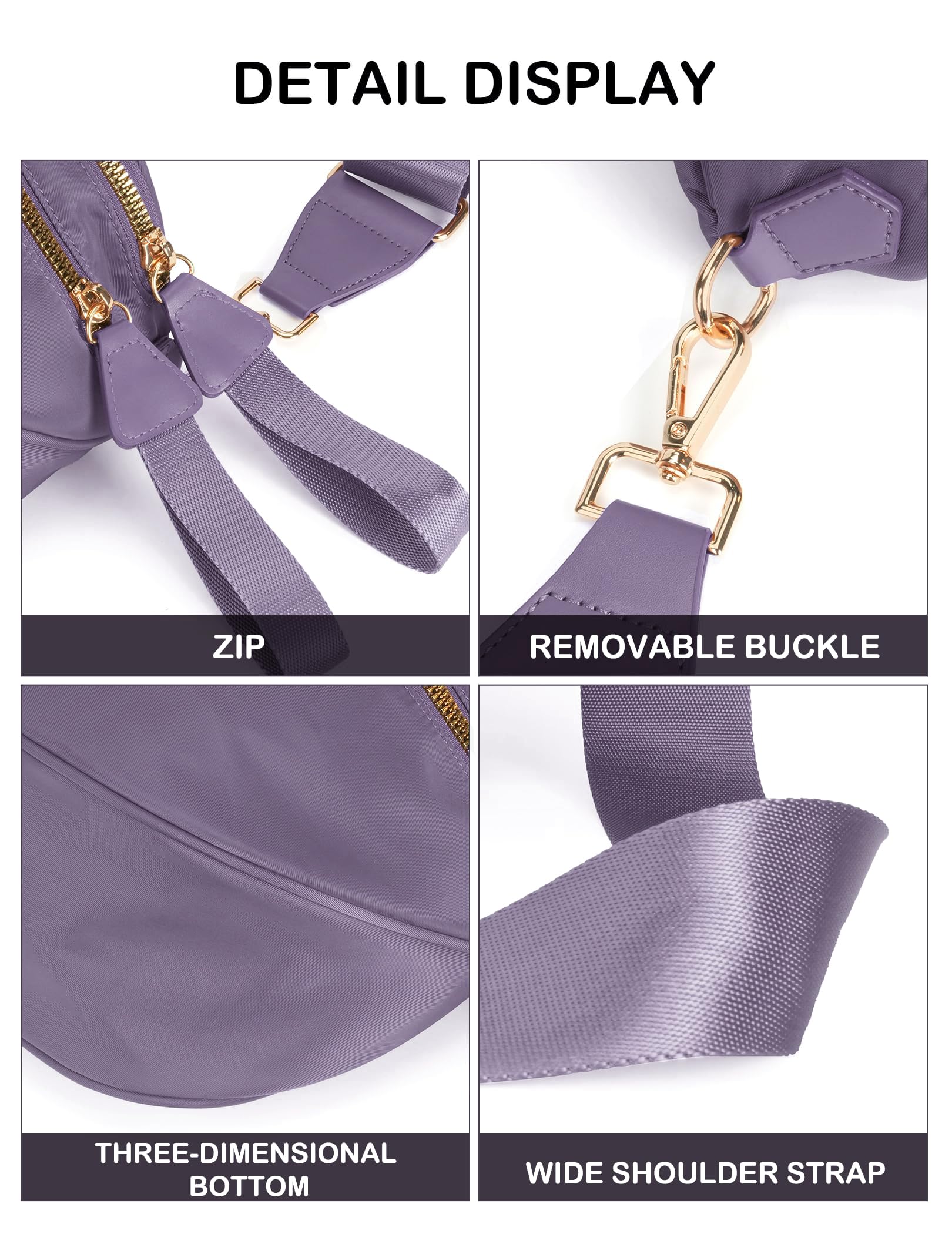 FEIBOON Spacious Nylon Crossbody Bag Bum Bag Handbags Wallets Purses Trendy Shoulder Bag for Women (Cloudy purple)