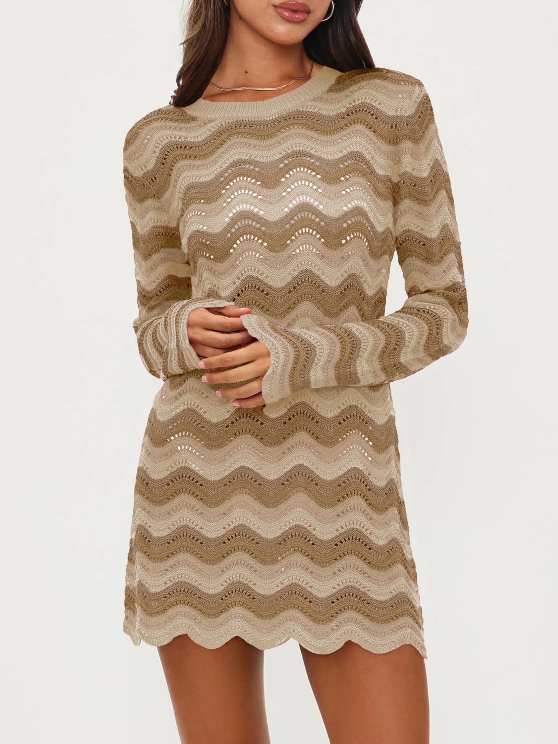 YUNLORIA Women's Crochet Colorful Mesh Summer Long Sleeve Cover Ups Casual Striped Beach Wear Knit Mini Dresses