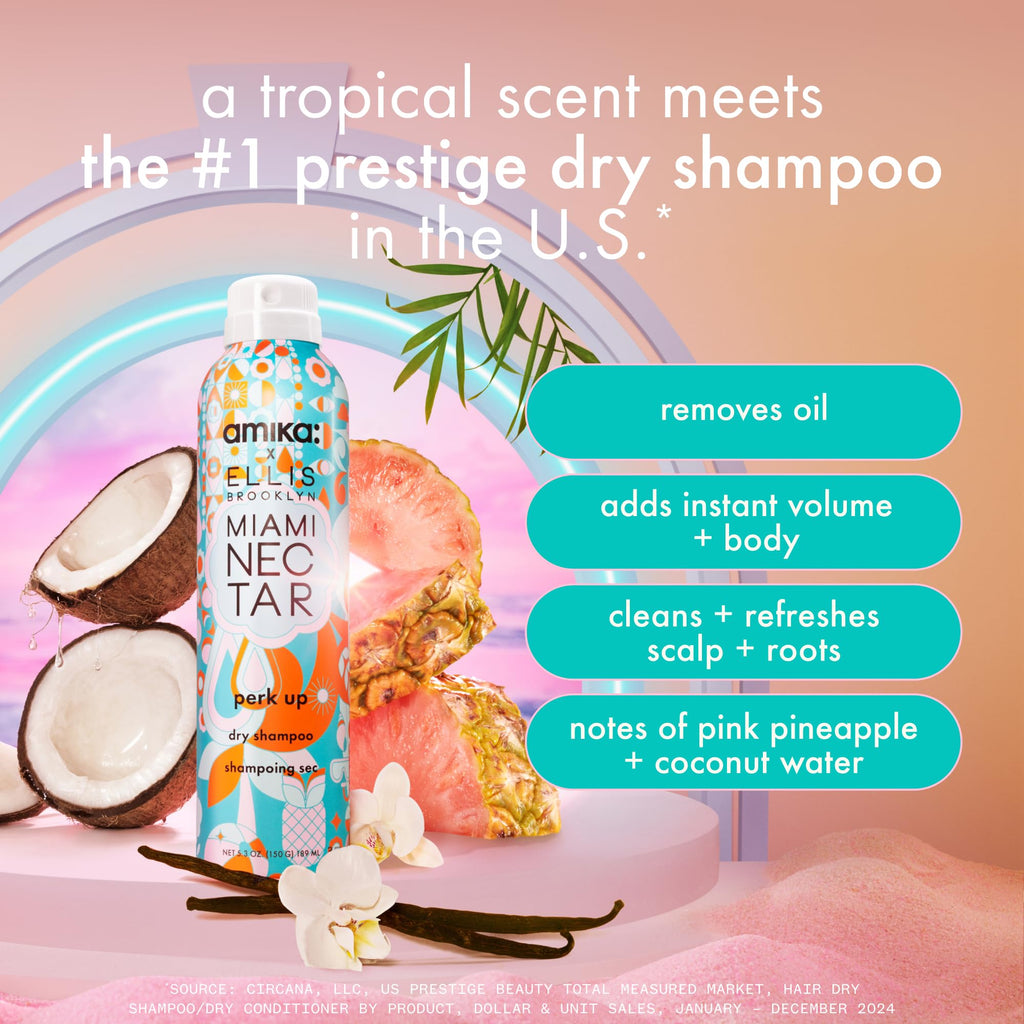 amika x Ellis Brooklyn Miami Nectar Perk Up Dry Shampoo, 5.3oz | limited edition | talc free, refreshes roots, absorbs oil, invisible finish | for all hair types (spray nozzle may vary)