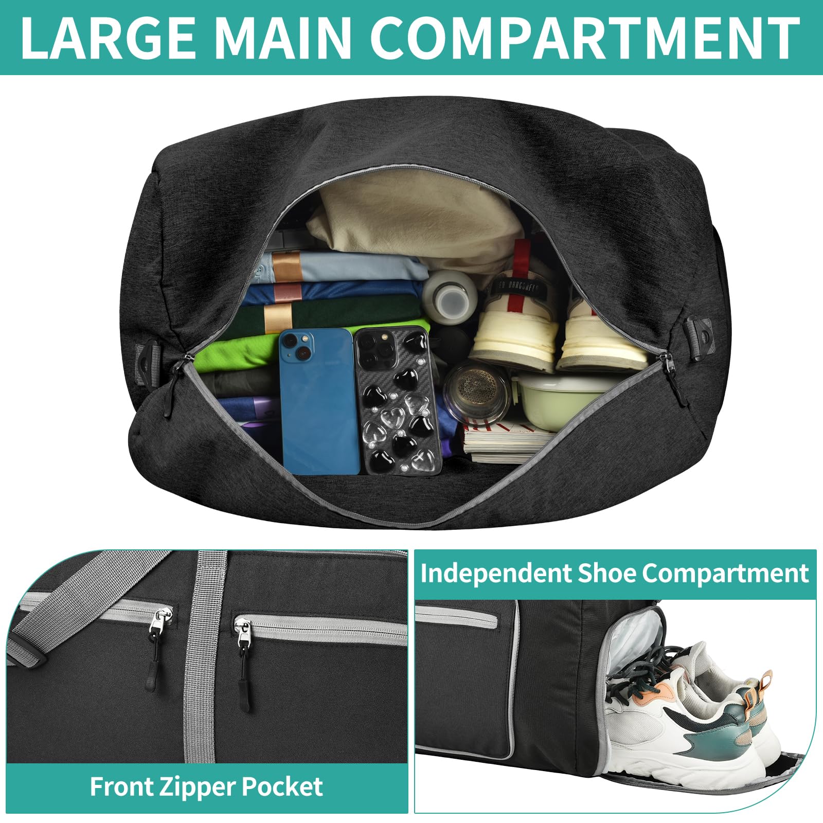Dimayar 40L Travel Duffle Bag for Men Women - Foldable Duffel Bag with Shoes Compartment - Overnight Bags Waterproof & Tear Resistant(Black)