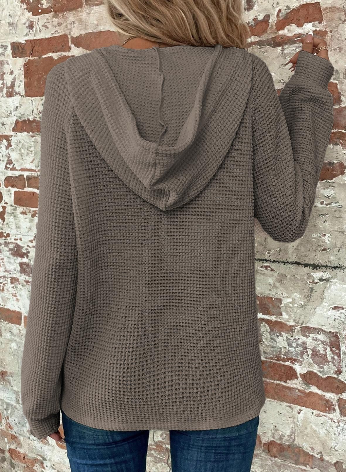 Dokotoo Womens Sweatshirt Fashion Outfits Fall Clothes 2025 Oversized Hoodies Sweatshirts Waffle Knit Drawstring Button V Neck Long Sleeve Sweater Casual Loose Solid Color Hooded Tops Grey Large
