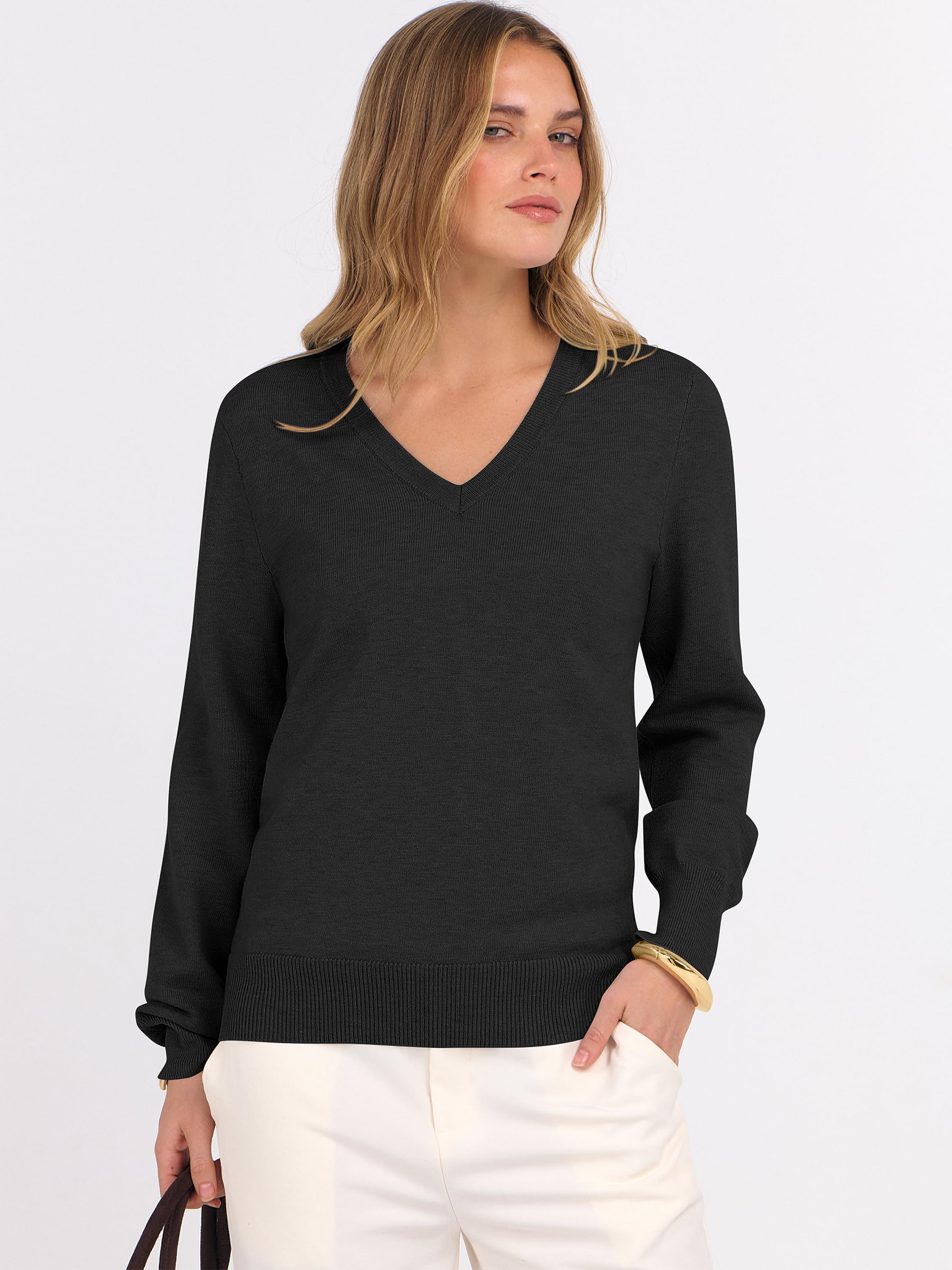 ANRABESS Womens Long Sleeve V Neck Sweaters 2025 Fall Casual Classic Soft Loose Fit Basic Pullover Jumper Top Black Large