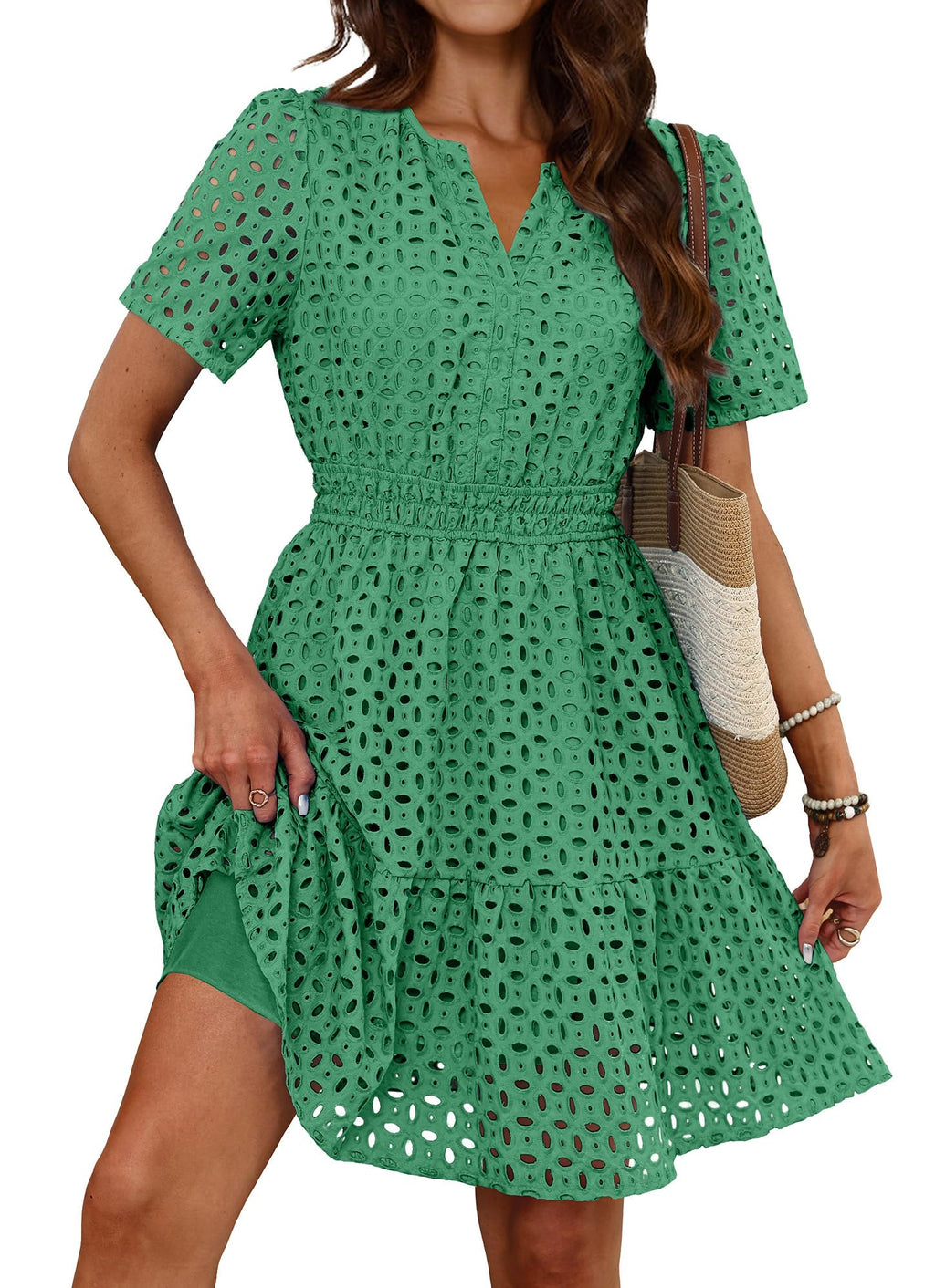 RUMIA Summer Dresses for Women 2026 V Neck Eyelet A Line Graduation Beach Wedding Guest Spring Dress Green Medium