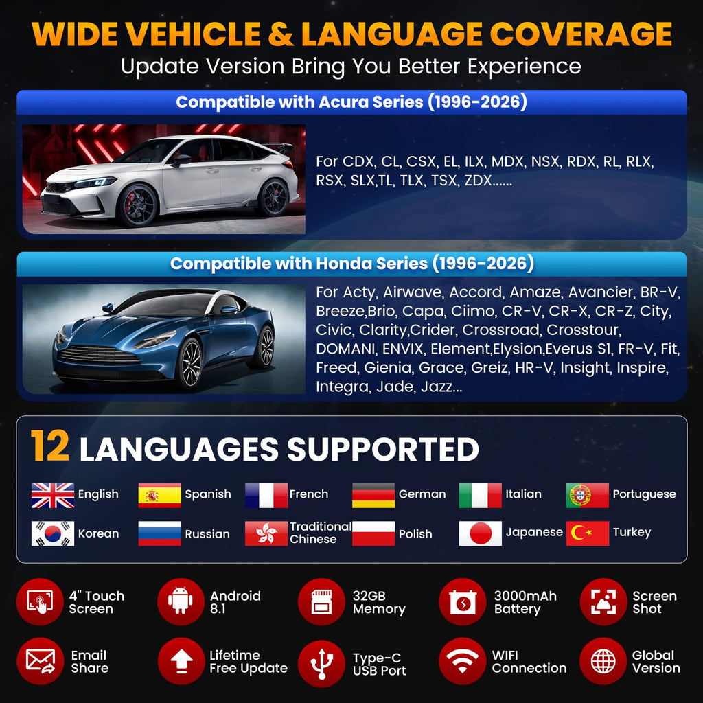 2026 LAUNCH Creader Elite V3.0 for Honda Acura OBD2 Scanner, Full Systems Bi-Directional Scan Tool, All Reset Services, Full OBD2 Code Reader, AUTOVIN, Battery Registration, Lifetime Free Update