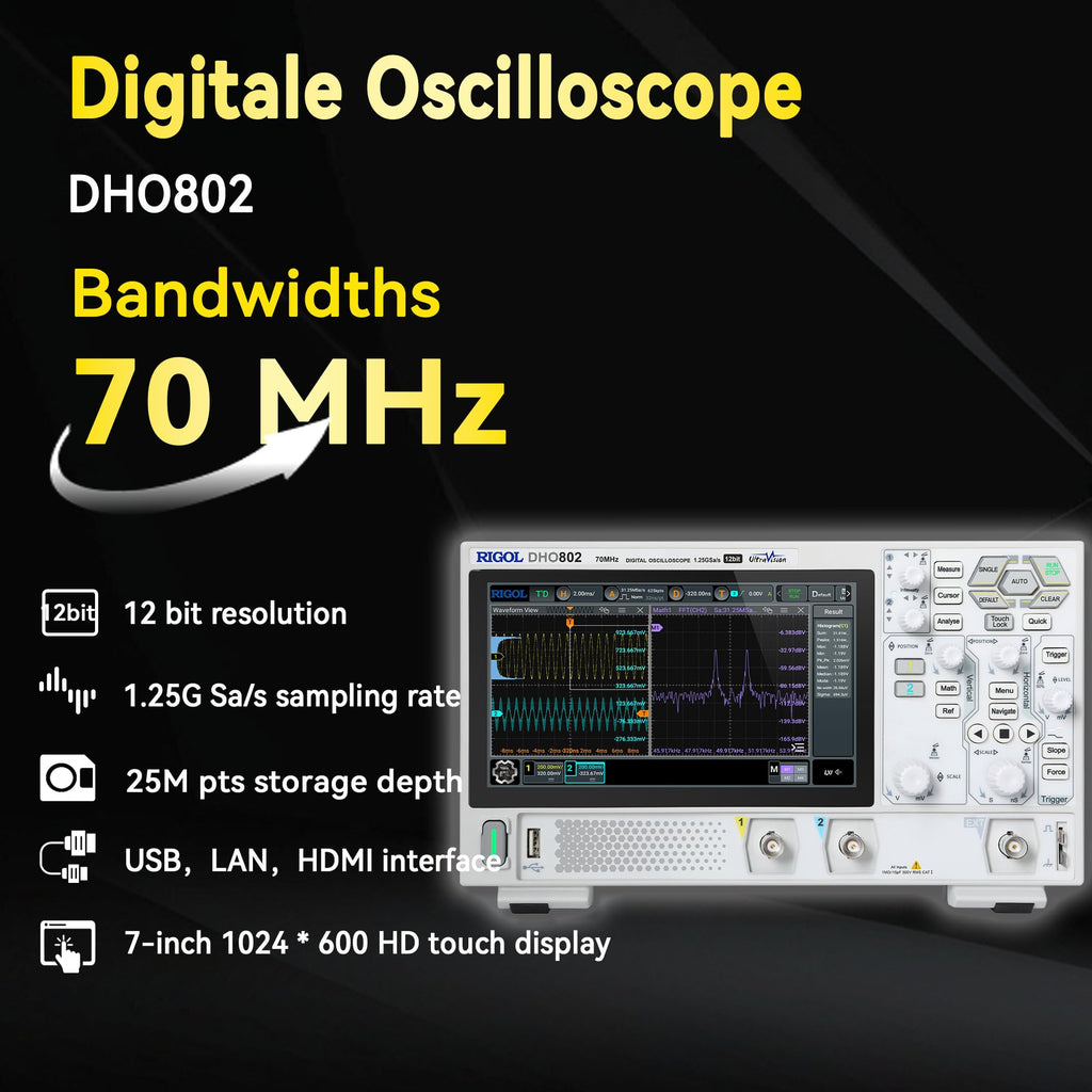 RIGOL Digital Oscilloscope DHO802 70 MHz 2-Ch + EXT Trig 1.25 GSa/s 12-bit 25 Mpts UltraAcquire 1,000,000 wfms/s 7" Touch LAN/USB/HDMI Web Control SCPI for Troubleshooting MCU CAN