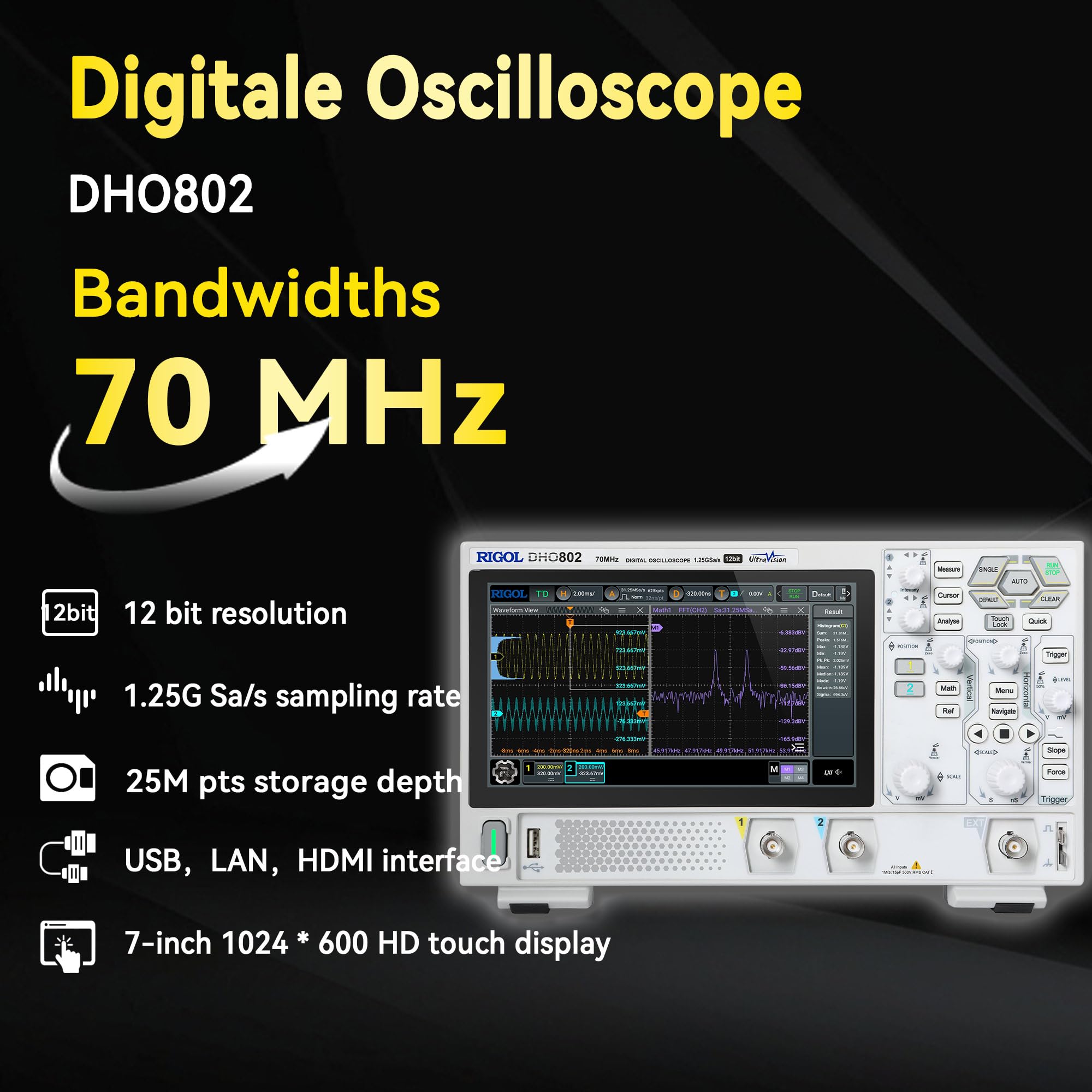 RIGOL Digital Oscilloscope DHO802 70 MHz 2-Ch + EXT Trig 1.25 GSa/s 12-bit 25 Mpts UltraAcquire 1,000,000 wfms/s 7" Touch LAN/USB/HDMI Web Control SCPI for Troubleshooting MCU CAN