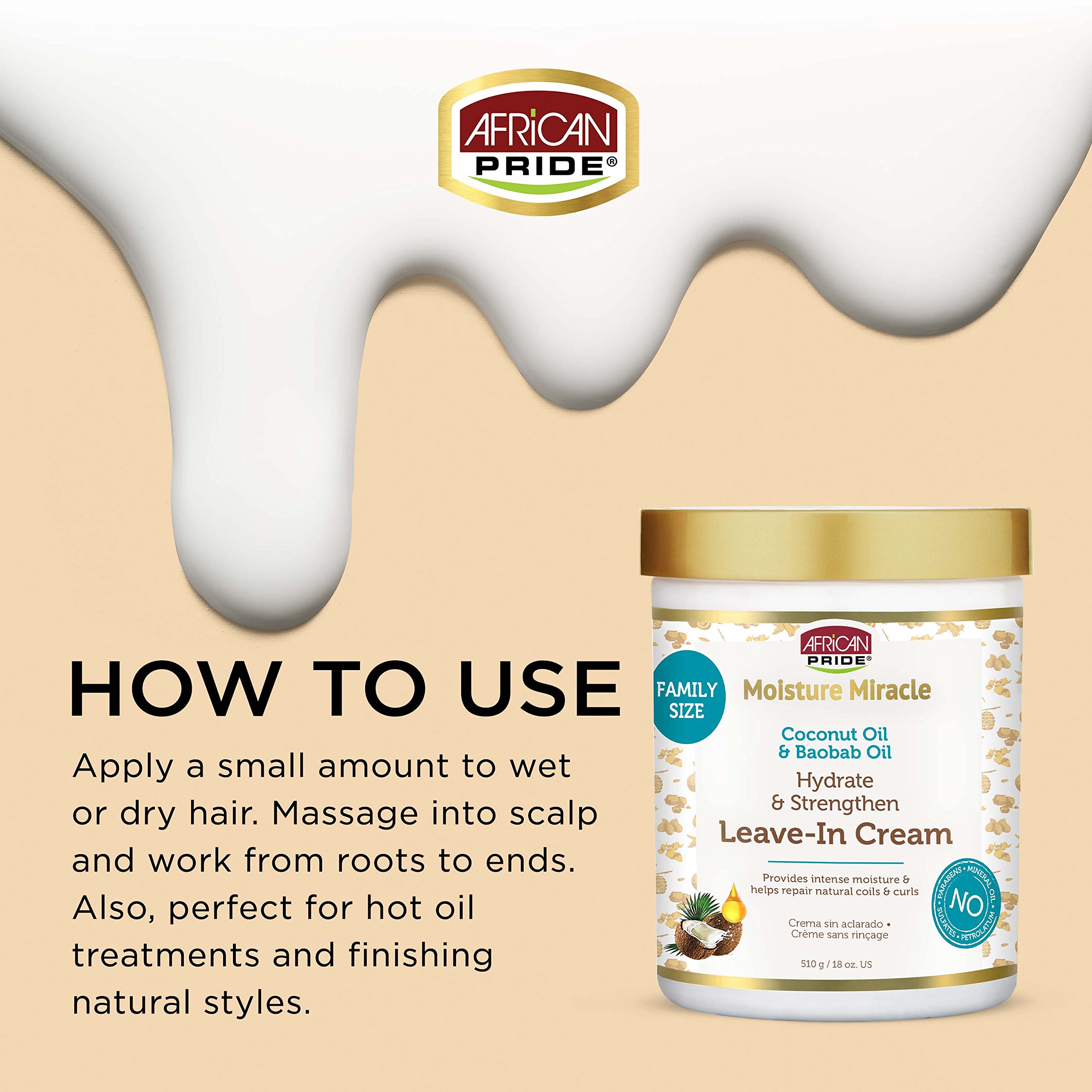 African Pride Moisture Miracle Leave-In Cream with Baobab Oil & Coconut Oil for Coily & Curly Hair, Adds Moisture, Helps Repair & Strengthen, 18 oz