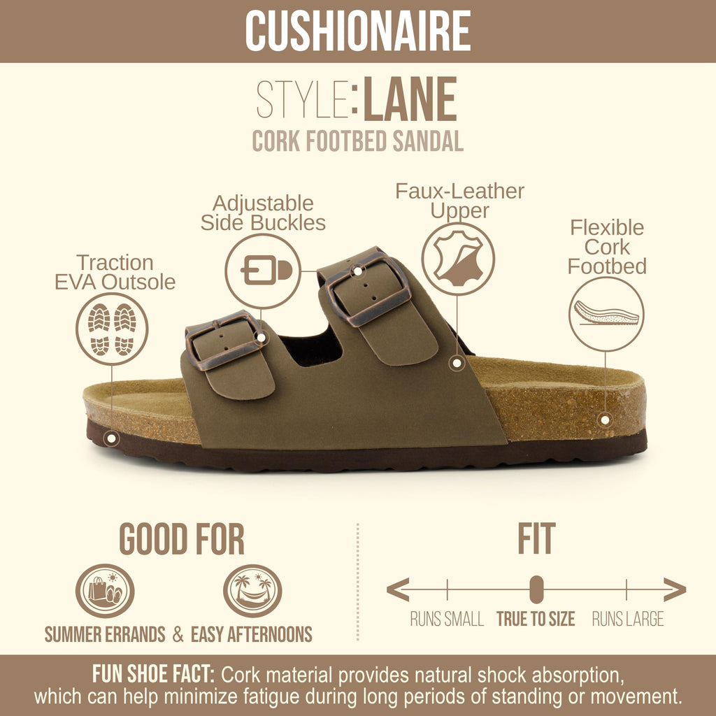 CUSHIONAIRE Lane Cork Footbed Womens Sandals Comfortable Double Buckle Slip On Sandals for Women with Arch Support and Classic Two Strap Design, BROWN 9W