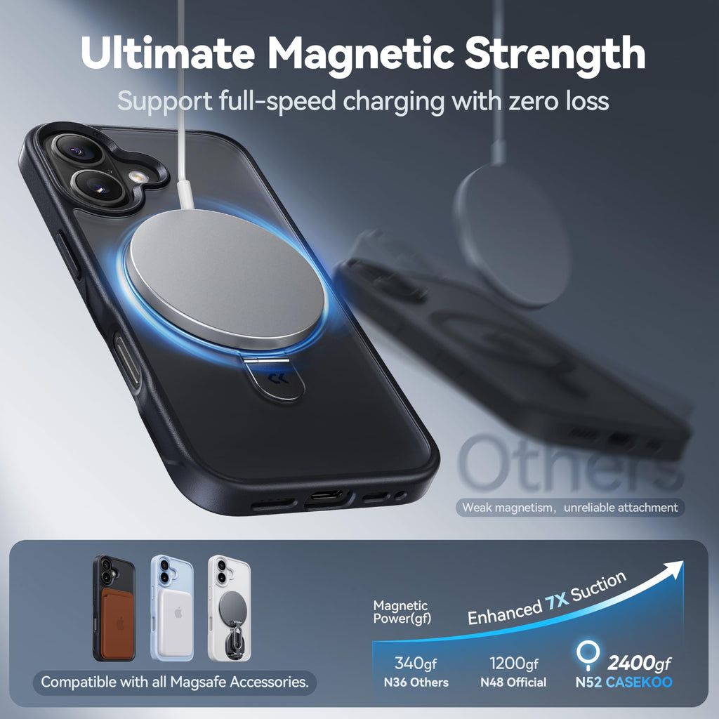 CASEKOO Ultra-Magnetic Stand for iPhone 17 Case [Military Drop Protection] [Compatible with MagSafe] Shockproof Translucent Slim Matte for iPhone 17 Case with Ring Holder 6.3 Inch, Black