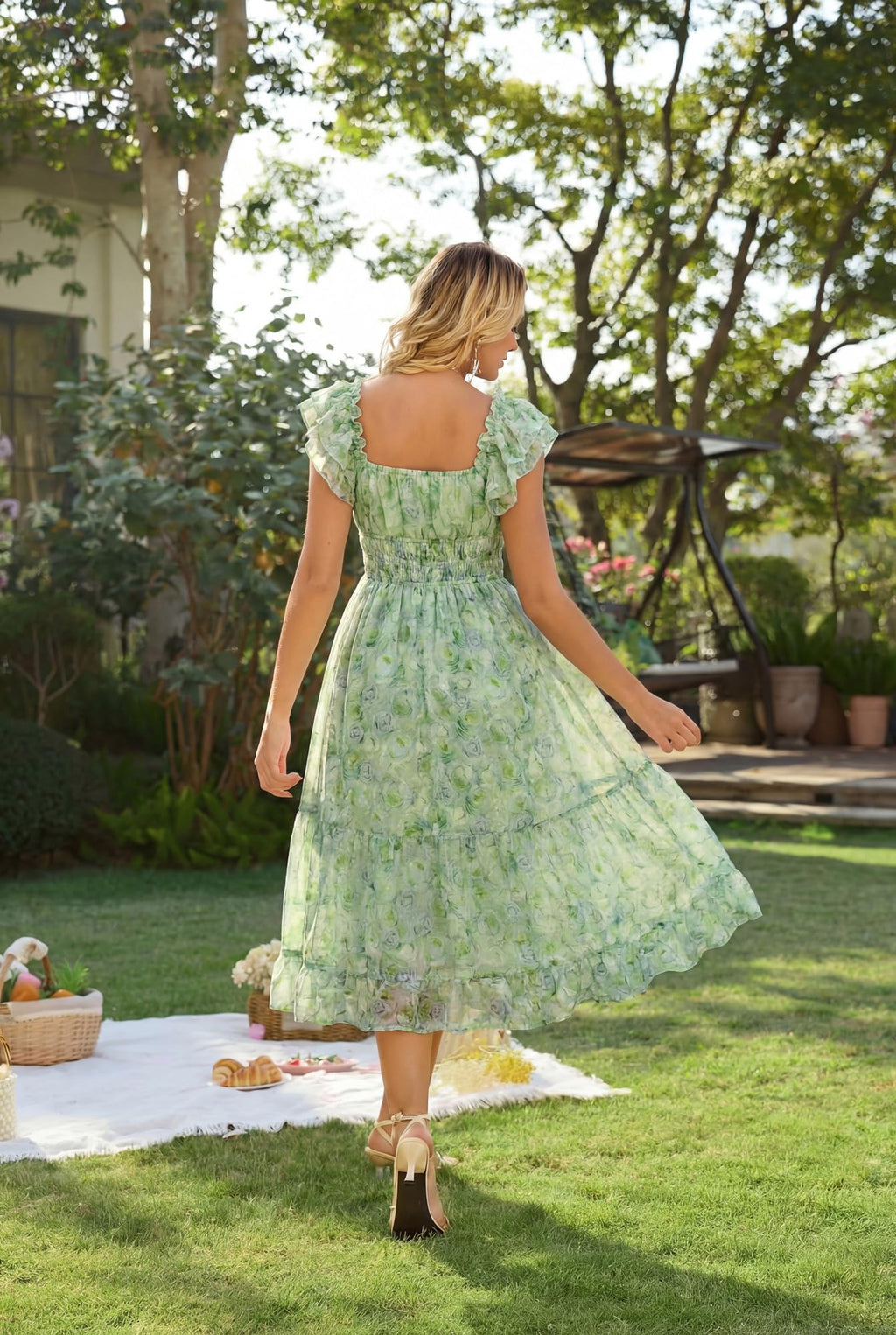 GRACE KARIN 2026 Women's Spring Floral Midi Dress Beach Wedding Guest Dresses Flowy A Line Casual Summer Clothes Green XL