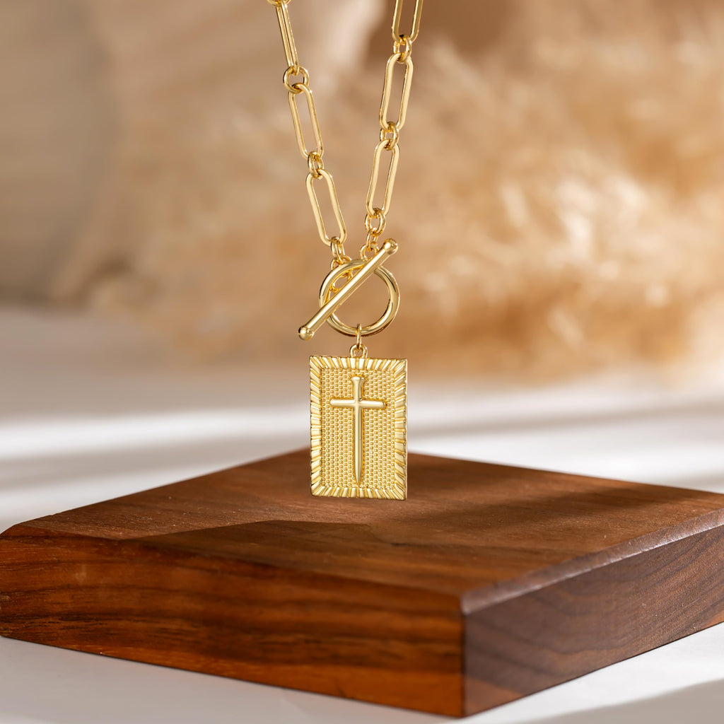 Tewiky 14K Gold Plated Cross Necklace for Women Trendy Chunky Cross Pendant Necklace Toggle Clasp Paperclip Chain Charm Necklaces for Women Jewelry Gift Christian Religious Baptism