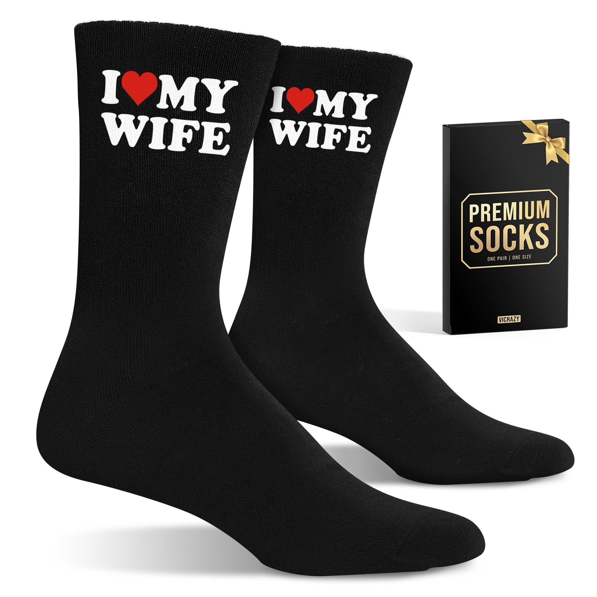 VICRAZY Valentines Day Gifts for Him, Husband, Men - Funny Gifts for Husband from Wife - Couple Gift For Anniversary, Wedding - Unique Stocking Stuffers, Birthday gift - I Love My Wife Socks
