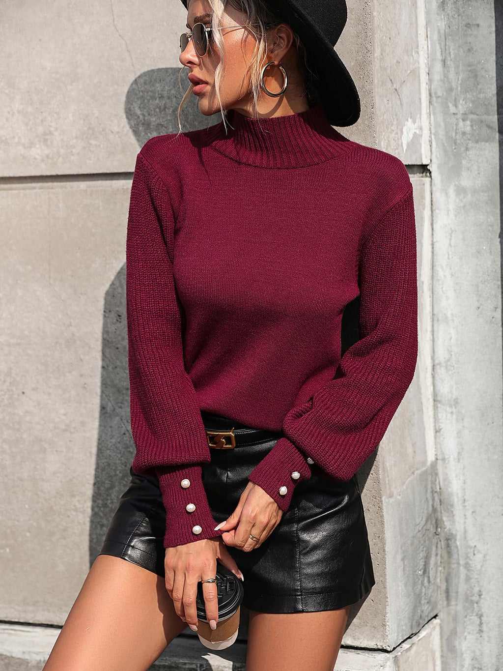 Upopby Women's Fall Winter Pullover Sweaters for Women 2025 2026 Trendy Lantern Sleeve Turtleneck Knitted Sweater Jumper Tops Wine Red XL