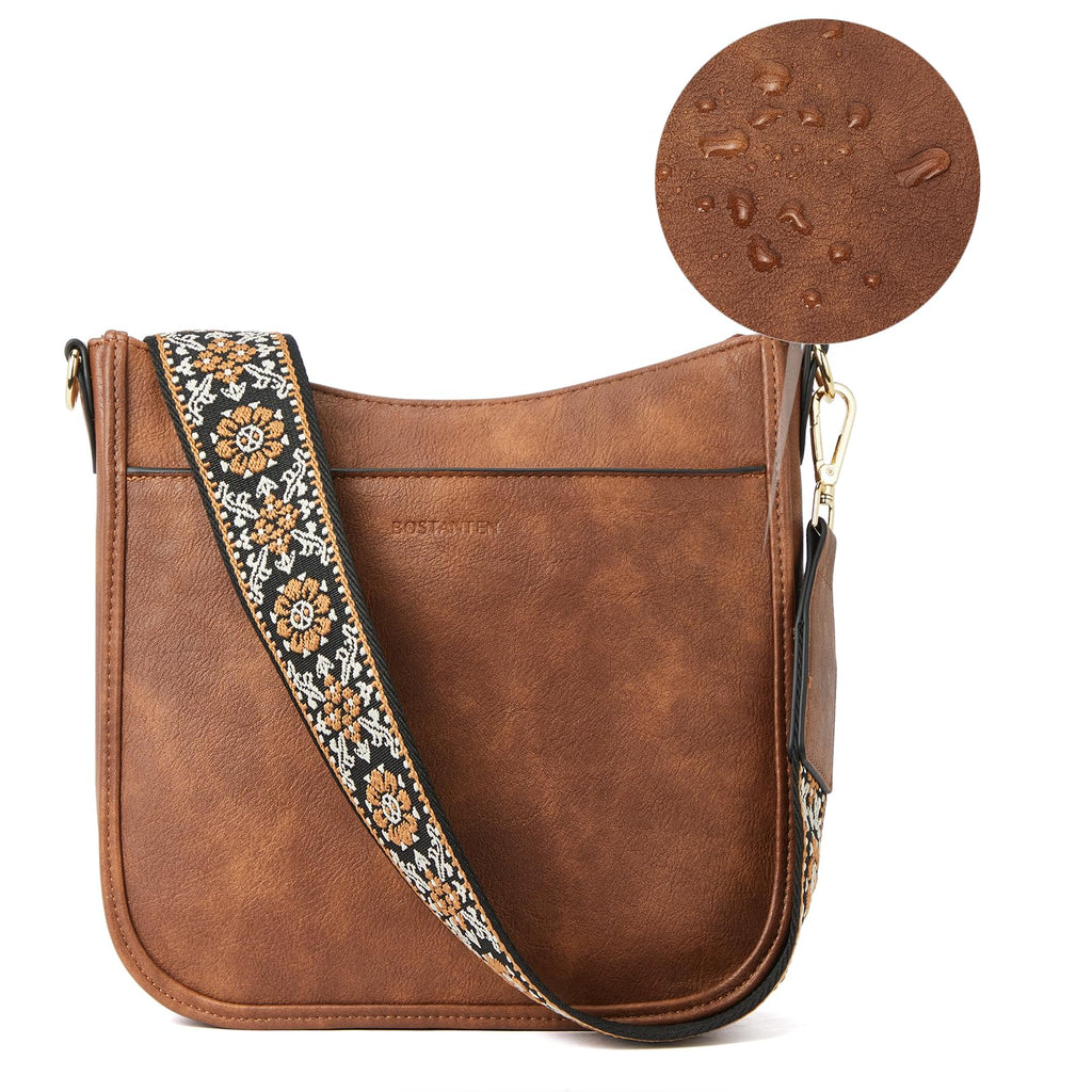 BOSTANTEN Crossbody Bags for Women Trendy Vegan Leather Hobo Purses Shoulder Handbags With Wide Shoulder Strap Brown