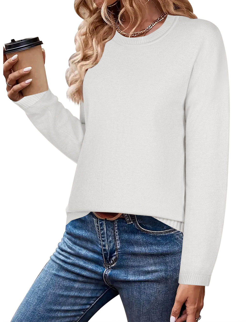 Zeagoo Womens Sweaters Crew Neck Long Sleeve Tops Casual Solid Color Knit Loose Pullover Fall Outfits White S