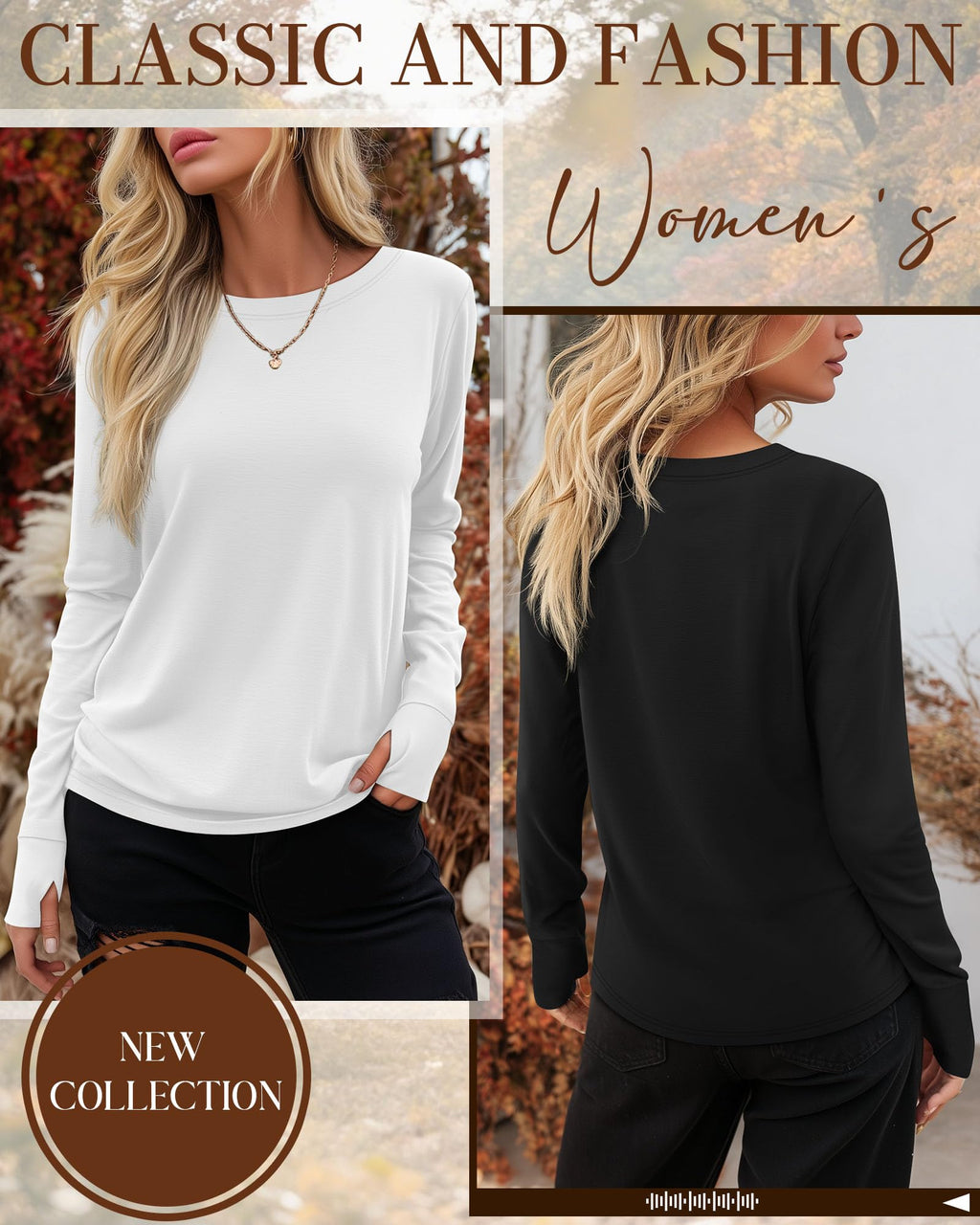 Huukeay 3 Pack Women's Long Sleeve Shirts with Thumb Holes, Cotton Casual Crew Neck Tunic Tops Fall Loose Y2k Trendy Outfits(Black, Grey, White,XL)