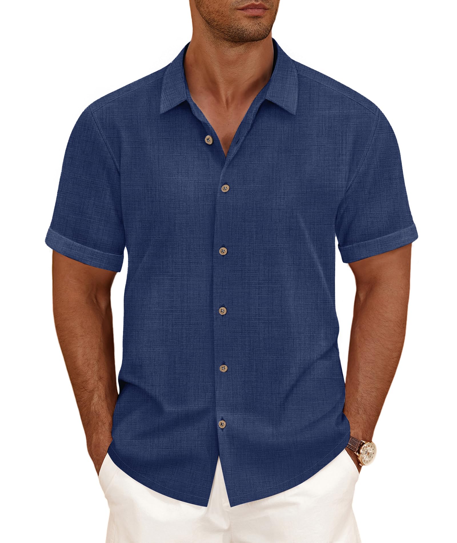 CURBODO Linen Blend Shirts for Men Casual Short Sleeve Button Down Shirt Cool Summer Beach Wedding Vacation Tops Navy Blue M