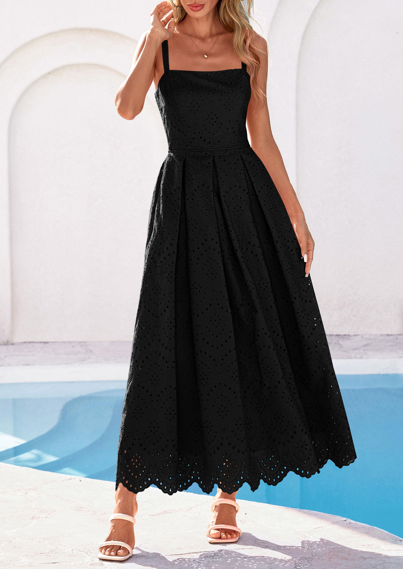 PRETTYGARDEN Womens Sleeveless Maxi Summer Dresses 2026 Hollow Out Eyelet Square Neck Ruffle Flowy Beach Vacation Sundress (Black,Small)
