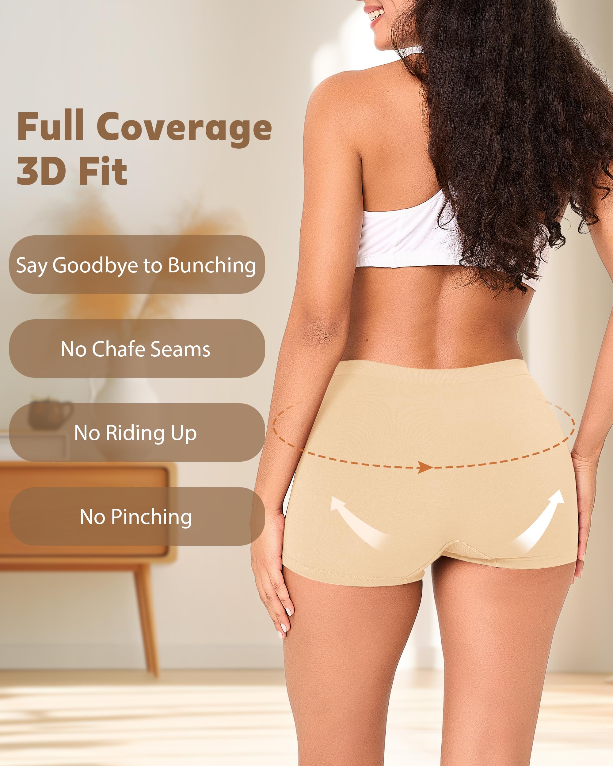 BAMBOO COOL Womens BoyShorts Underwear Seamless Boxer Briefs Mid Waist Full Coverage Moisture Wicking Ladies Panties 5 Pack