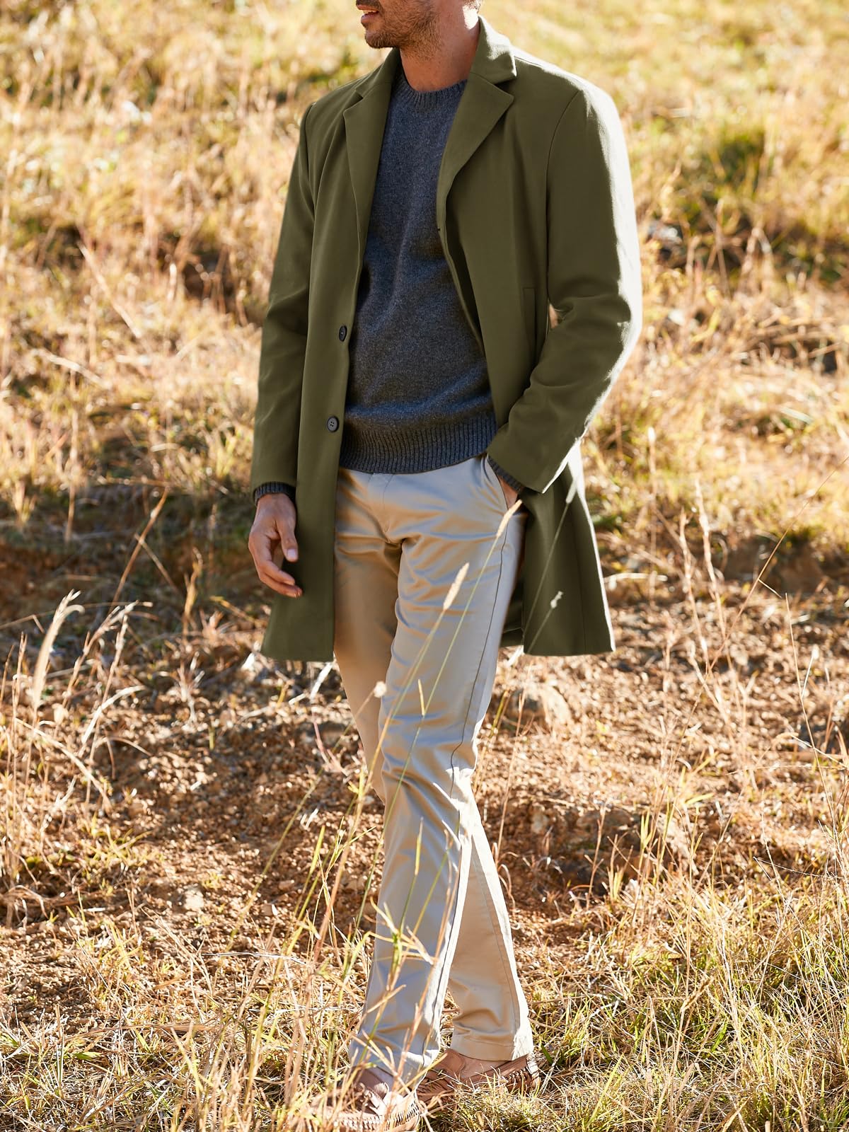 PASLTER Mens Trench Coat Slim Fit Notched Collar Fall Winter Single Breasted Pea Coat Warm Soft Overcoat