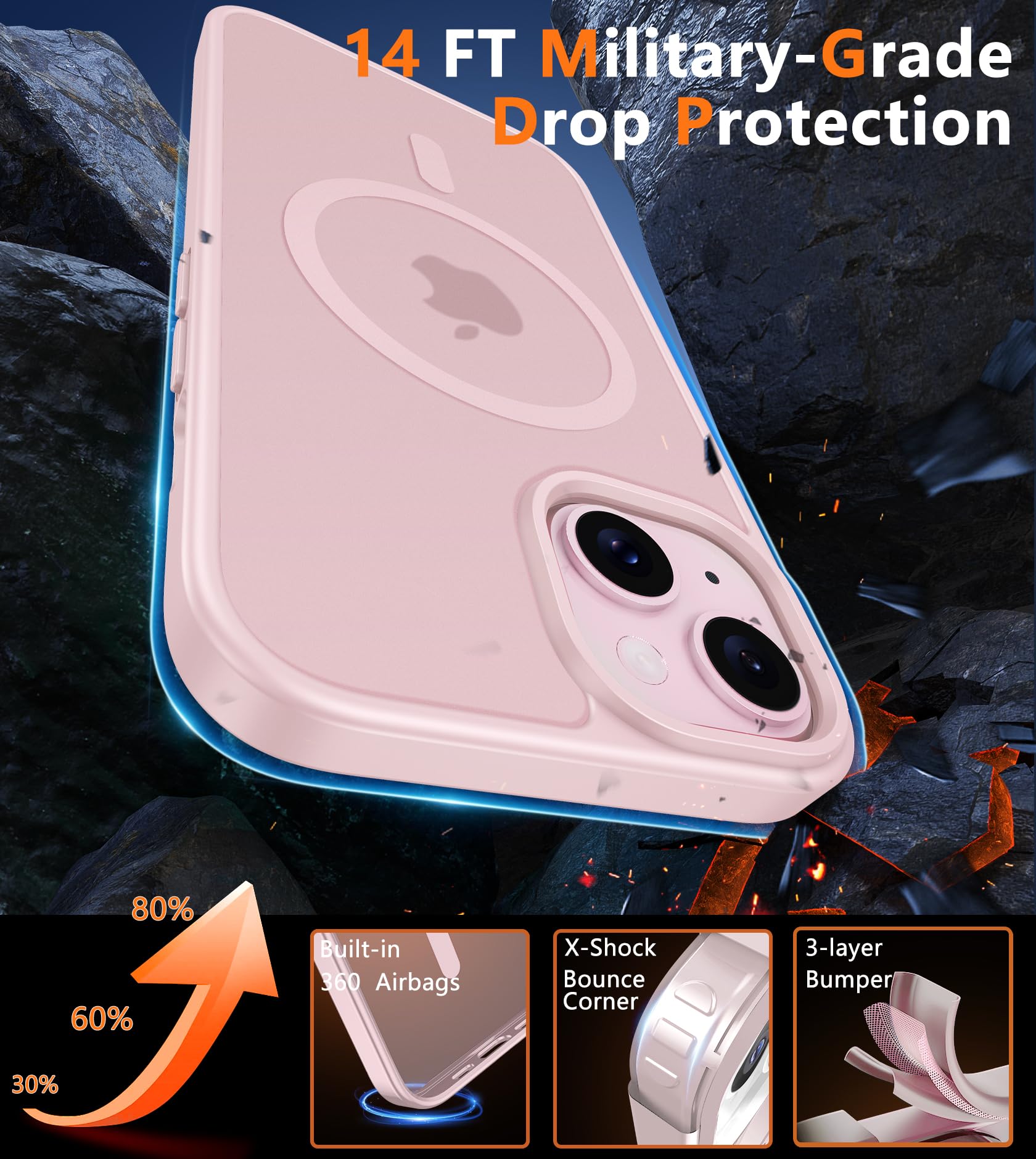 FNTCASE for iPhone 15 Case: for iPhone 14 Case & iPhone 13 Case [Compatible with Magsafe] Translucent Matte Magnetic Phone Cover - Military Grade Drop Protection Shockproof Protective Cases - Pink