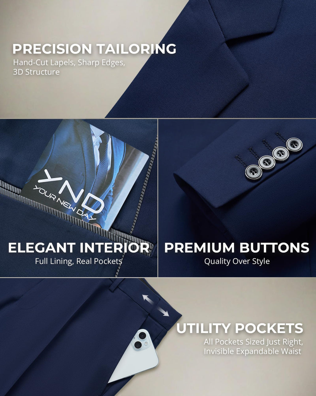 YND Men's 2 Piece Suit with Tie, One Button Slim Fit Solid Jacket and Pants Set, Suits for Men Prom Party Wedding & Business, Deep Blue